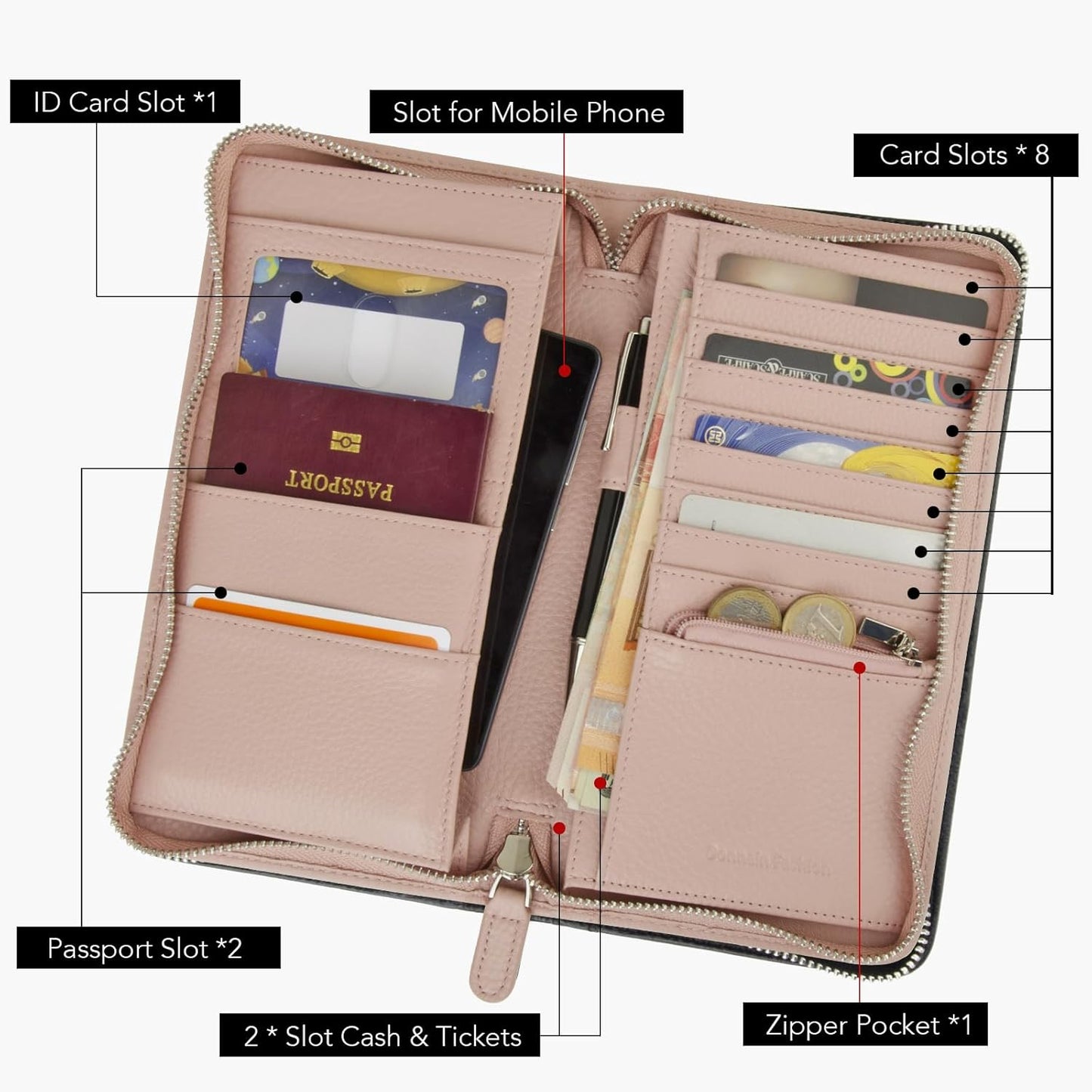 Premium Full-Grained Leather RFID Passport Holder for Travel, Multifunctional and Large Capacity RFID Blocking Passport Holder Wallet (Pink)