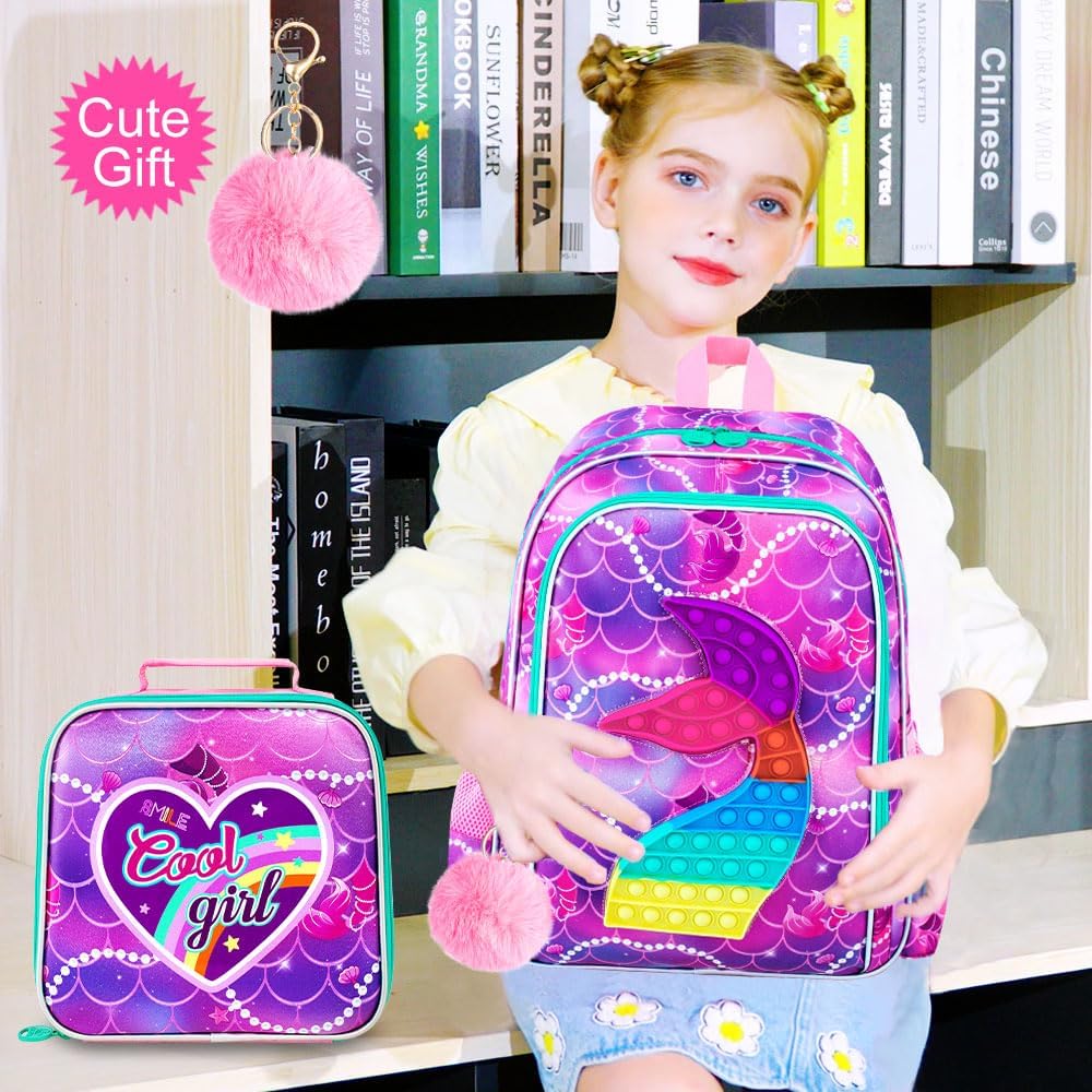 AGSDON 3PCS Mermaid Backpack for Girls, 16" Kids Backpacks Water Resistant with Lunch Box, Bookbag for Elementary Preschool