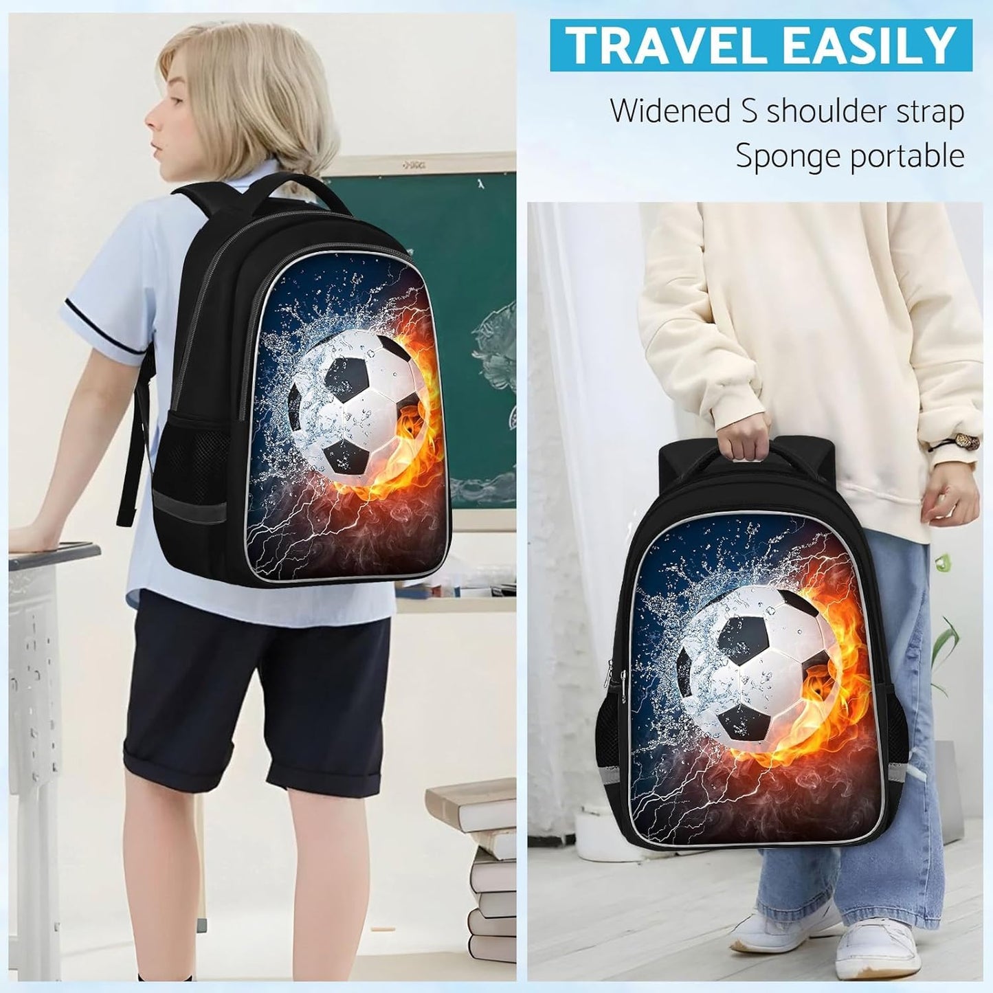 School Backpack for Boys - Soccer Boys Backpack for Kids Children Teens Elementary Middle School - Students Bag for Ages 6-18,17″Bookbag Multifunctional Large Capacity