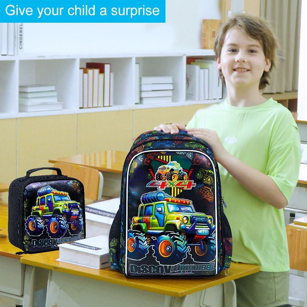gxtvo 3PCS Boys Truck Backpack, 16" Kids Car Bookbag with Lunch Box, Water Resistant Elementary Preschool Toddler School Bag