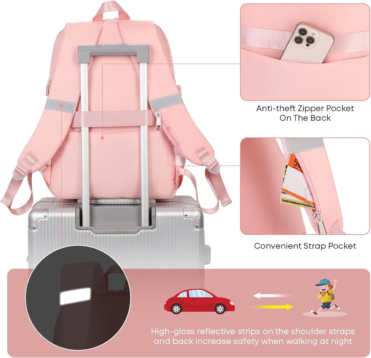 3PCS School Backpack For Student Women College Middle High Teen Girls Bookbag Waterproof Laptop Bag Plaid Pink