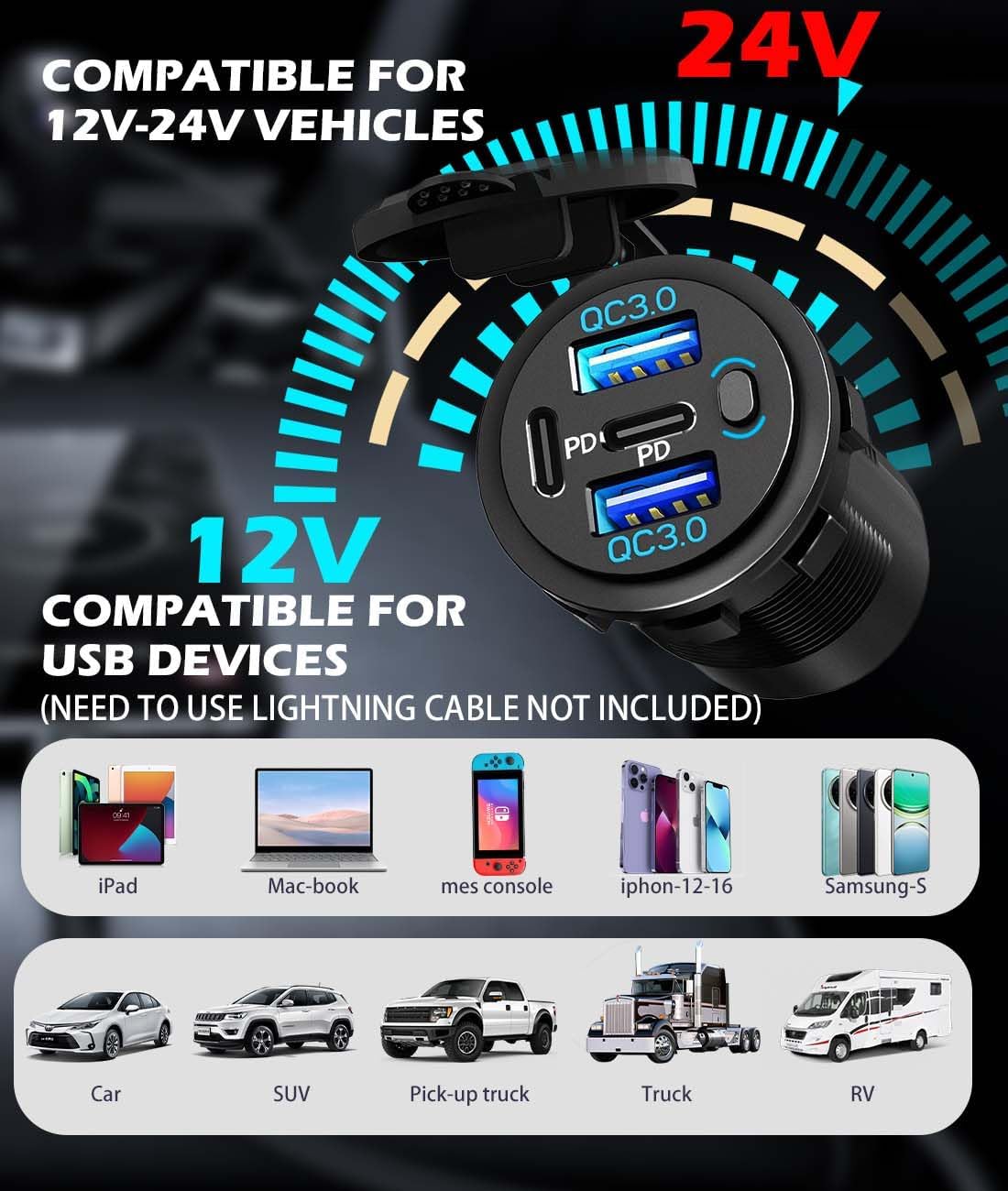 Quad-Port 12V USB Outlet with Switch & LED - 78W Dual QC3.0 & Dual PD3.0 USB C Car Charger Socket for RV Motorcycle Marine Truck Golf Cart Boat Accessories