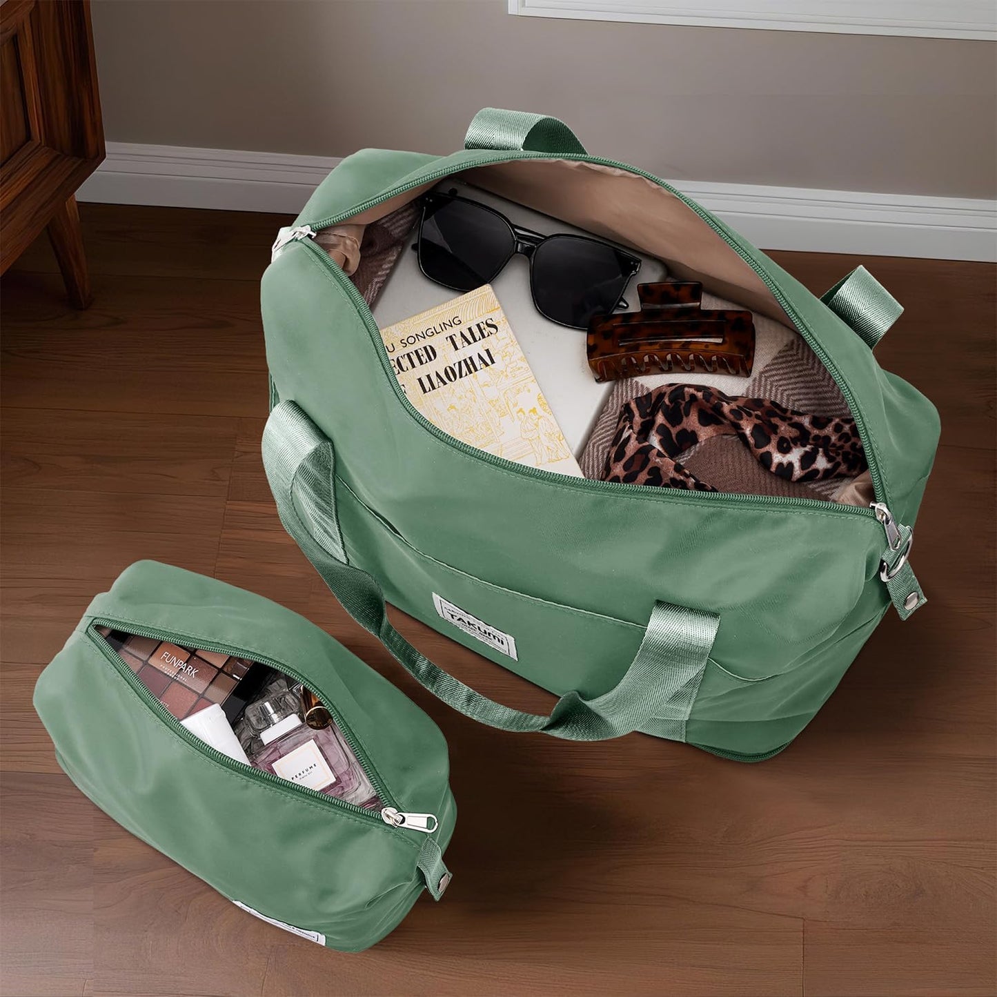 TAKUMI Carry On Luggage Set 3 Piece ABS+PC Hardshell Suitcases with Duffel Bag Double Spinner Wheels Travel Luggage with TSA Lock Lightweight Suitcase Set(GREEN BROWN, 3 PIECE SET(20/DB/TB))
