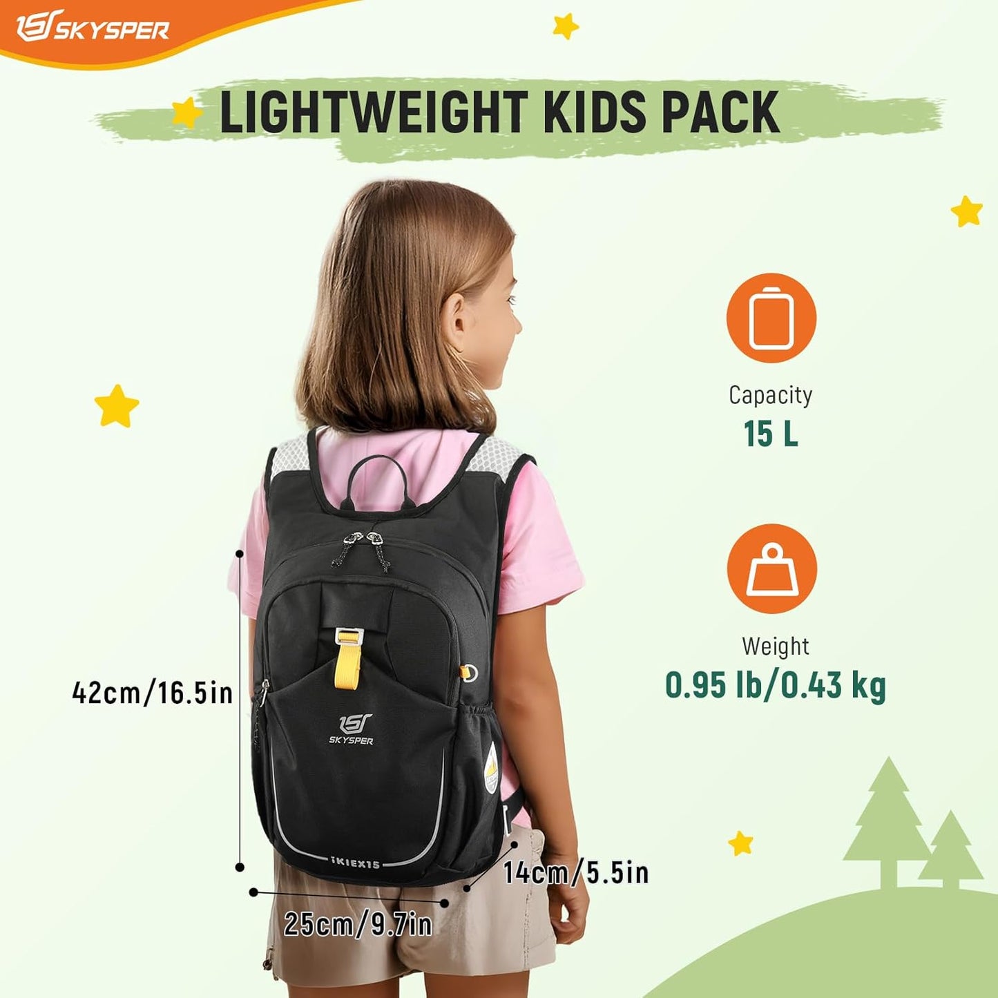 SKYSPER Kid Backpack for Boys Girls Kids Travel Backpack Day Pack for Outdoor Day Trips Kids 16" tall(Black)
