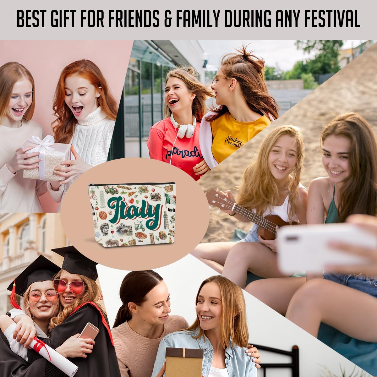 Italy Travel Essentials Italian Gifts Makeup Bag Cosmetic Bag for Women Friend Lady Sister Bestie Italy Travel Lover Weekend Bag Vacation Christmas Birthday Friendship