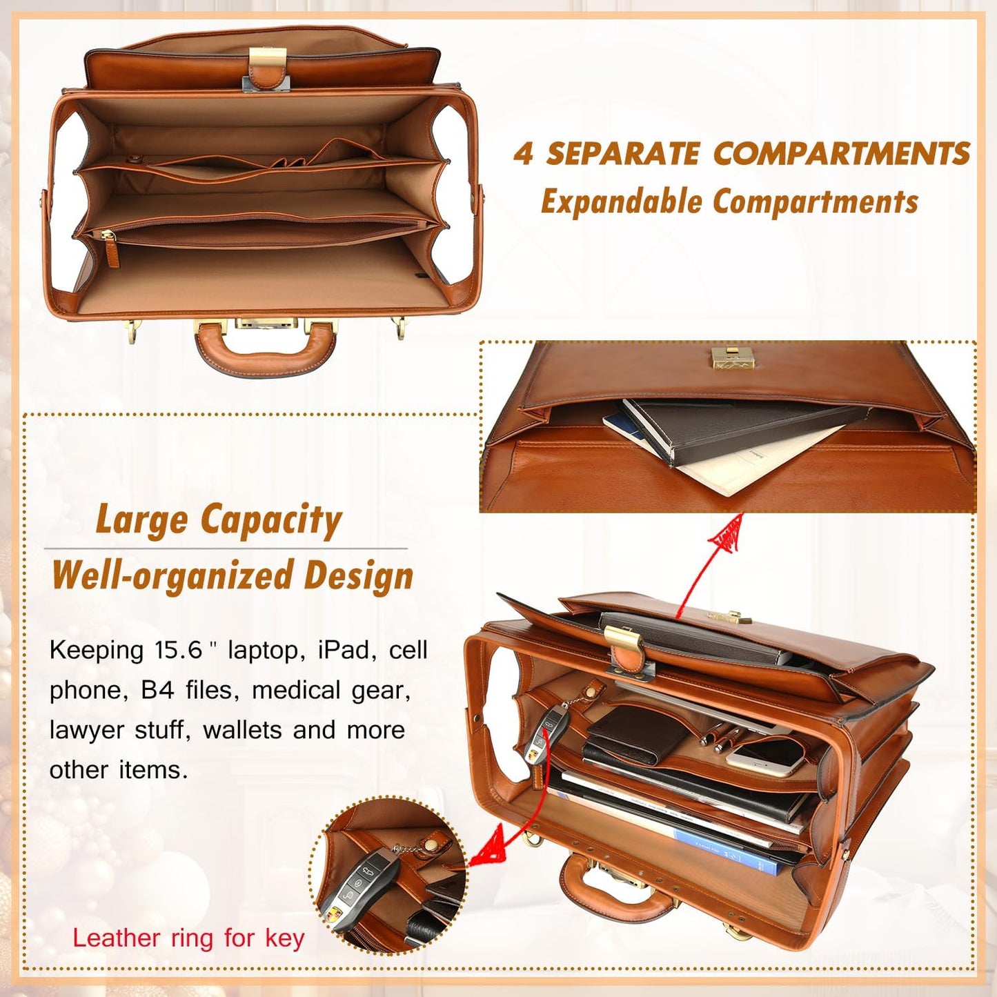 Banuce Vintage Leather Briefcase for Men 15.6 Inch Legal Attorney Lawyer Briefcase Doctor Bag for Work Business with Lock