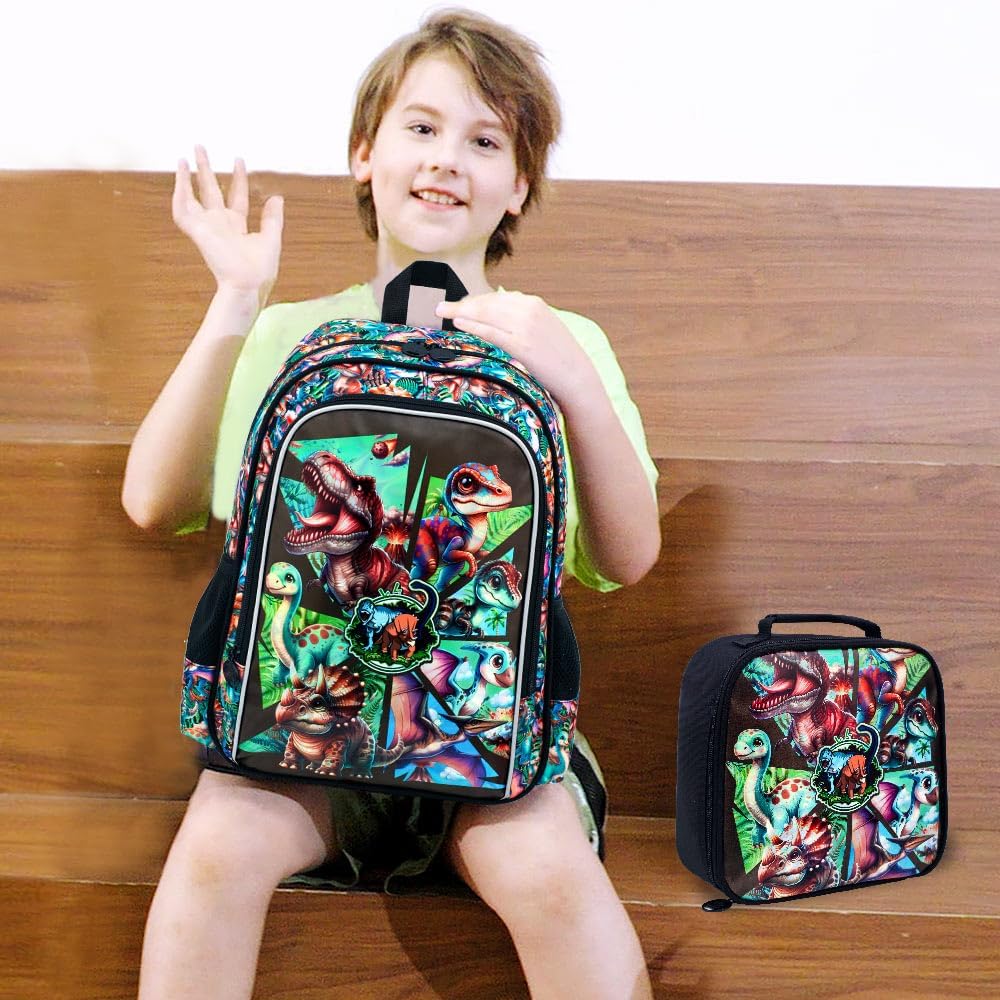 AGSDON 3PCS Backpacks for Boys, 16" Kids Dinosaur Bookbag for Elementary, Water Resistant Backpack Set with Lunch Box Pencil Case