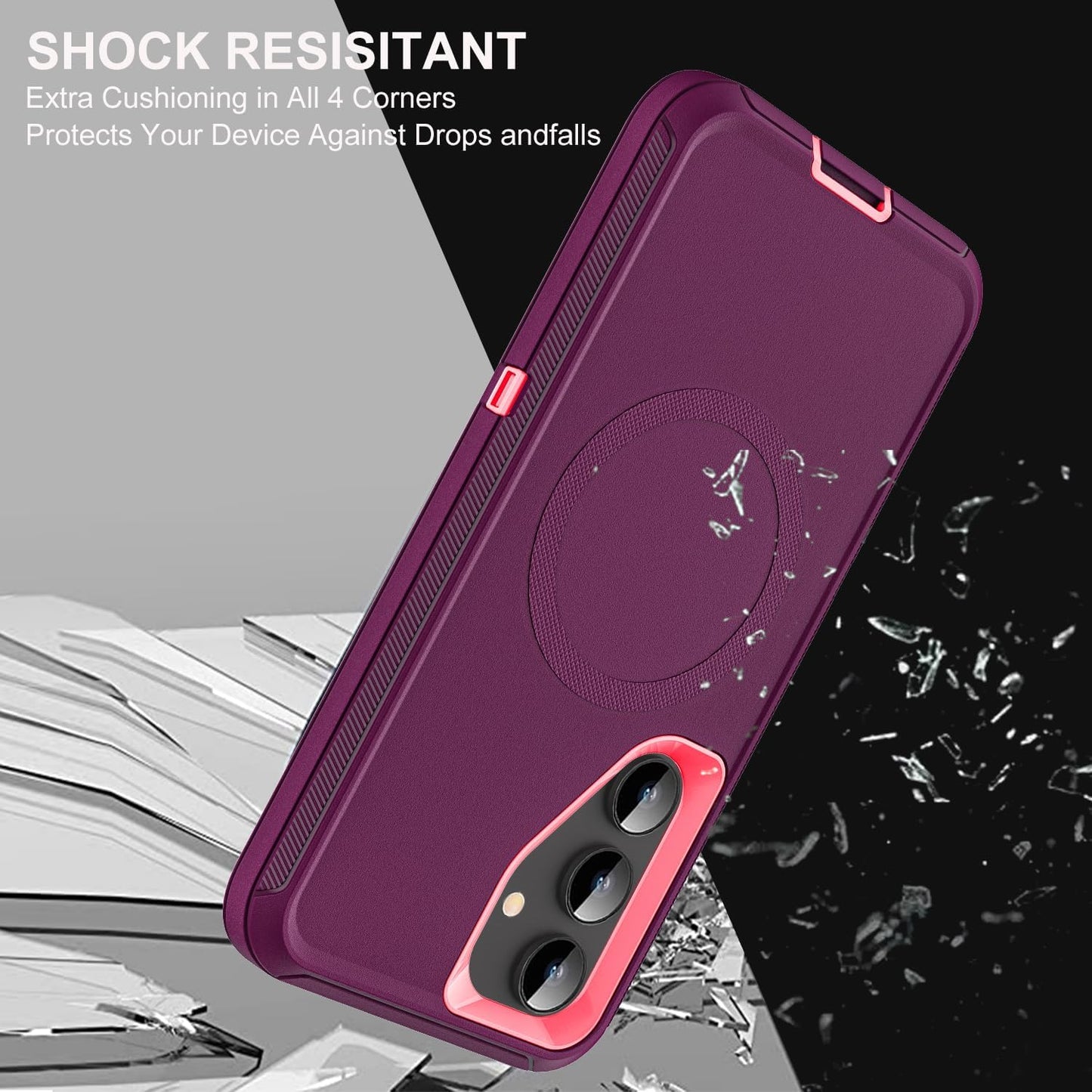 for Samsung Galaxy S25 Plus Case, Compatible with Magsafe, Military Grade 3 in 1 Heavy Duty Case with 2Pcs Tempered Glass Screen Protector & Camera Lens Protector (New-Purple/Pink)