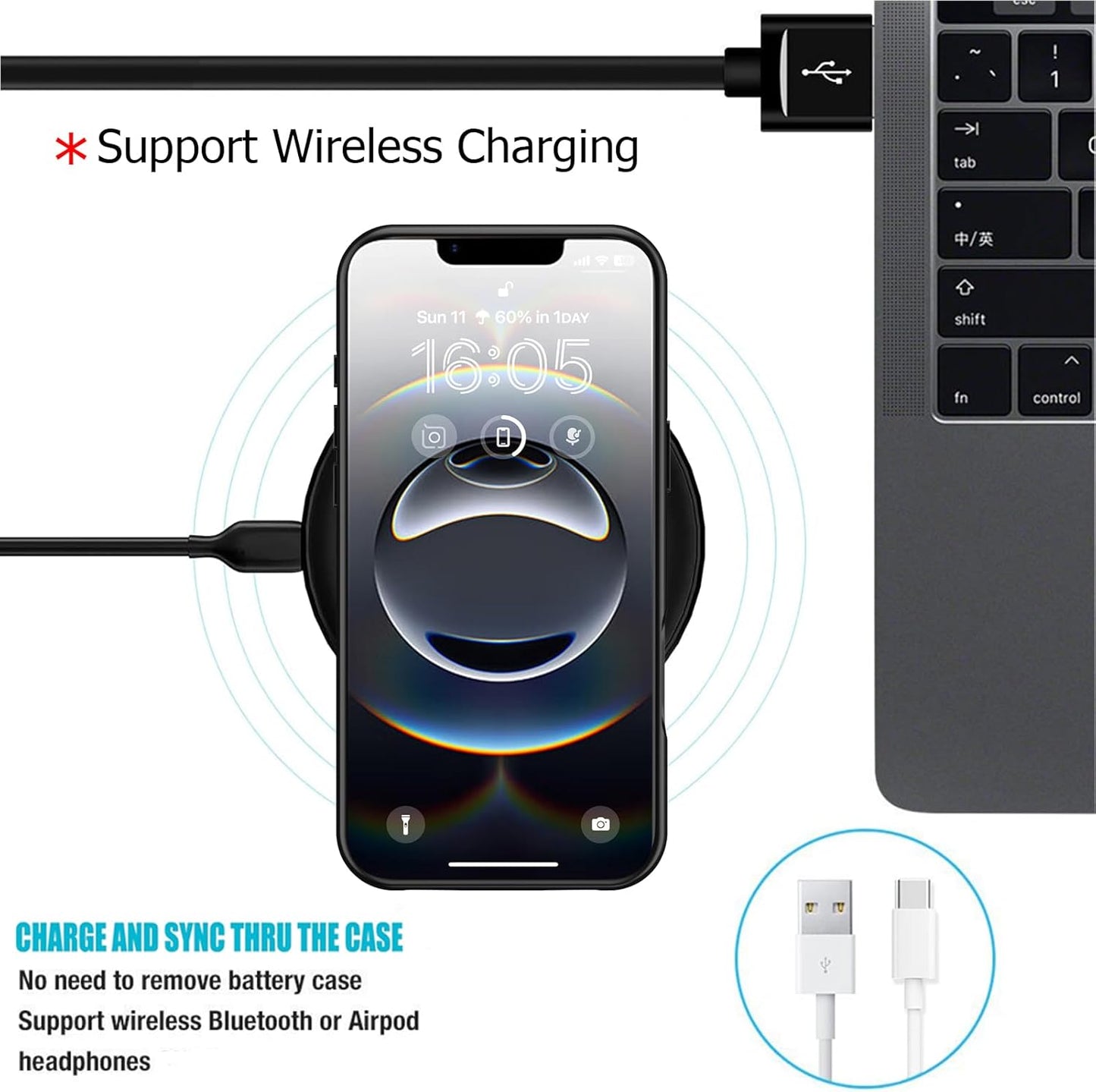 Battery Case for iPhone 16e, 10000mAh High Capacity Portable Charger Case, Rechargeable Smart Battery Pack Compatible with iPhone 16e 6.1 inch Charging, Support Wireless & Carplay - Black