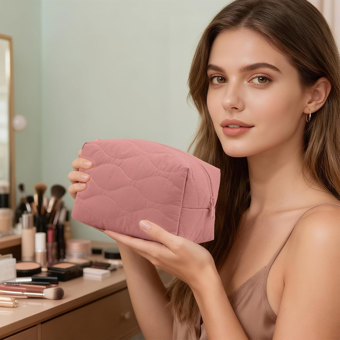 Make up Bag Travel Cosmetic Bag for Women Girls Zipper Puffy Padded Makeup Organizer Waterproof Portable Pouch Purse Lightweight Toiletry Accessories Storage Dark Pink