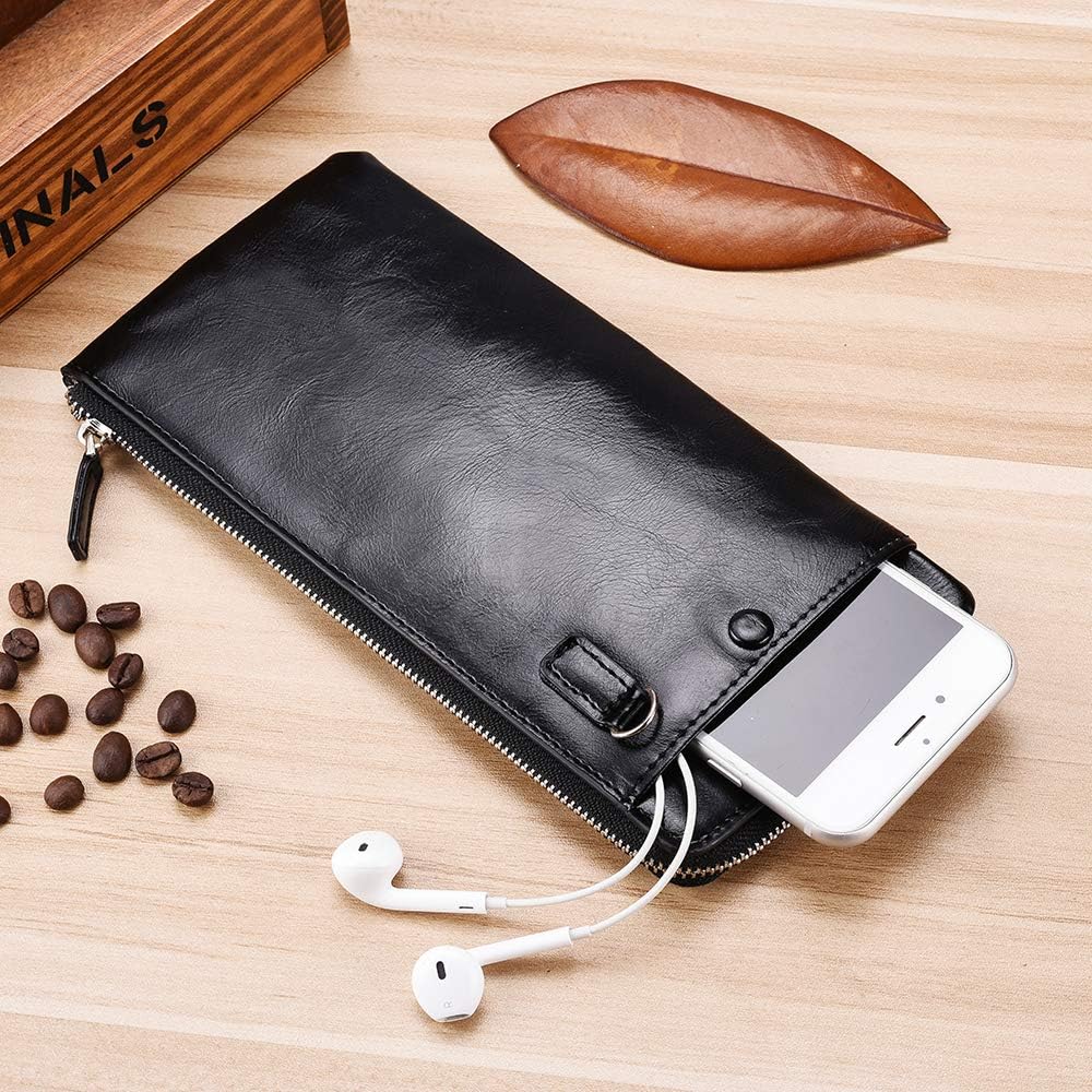 Minimalist Leather Wallets for Men Long Bifold Wallet Zip Around Clutch Travel Purse for Checkbook, Smartphone, Cash