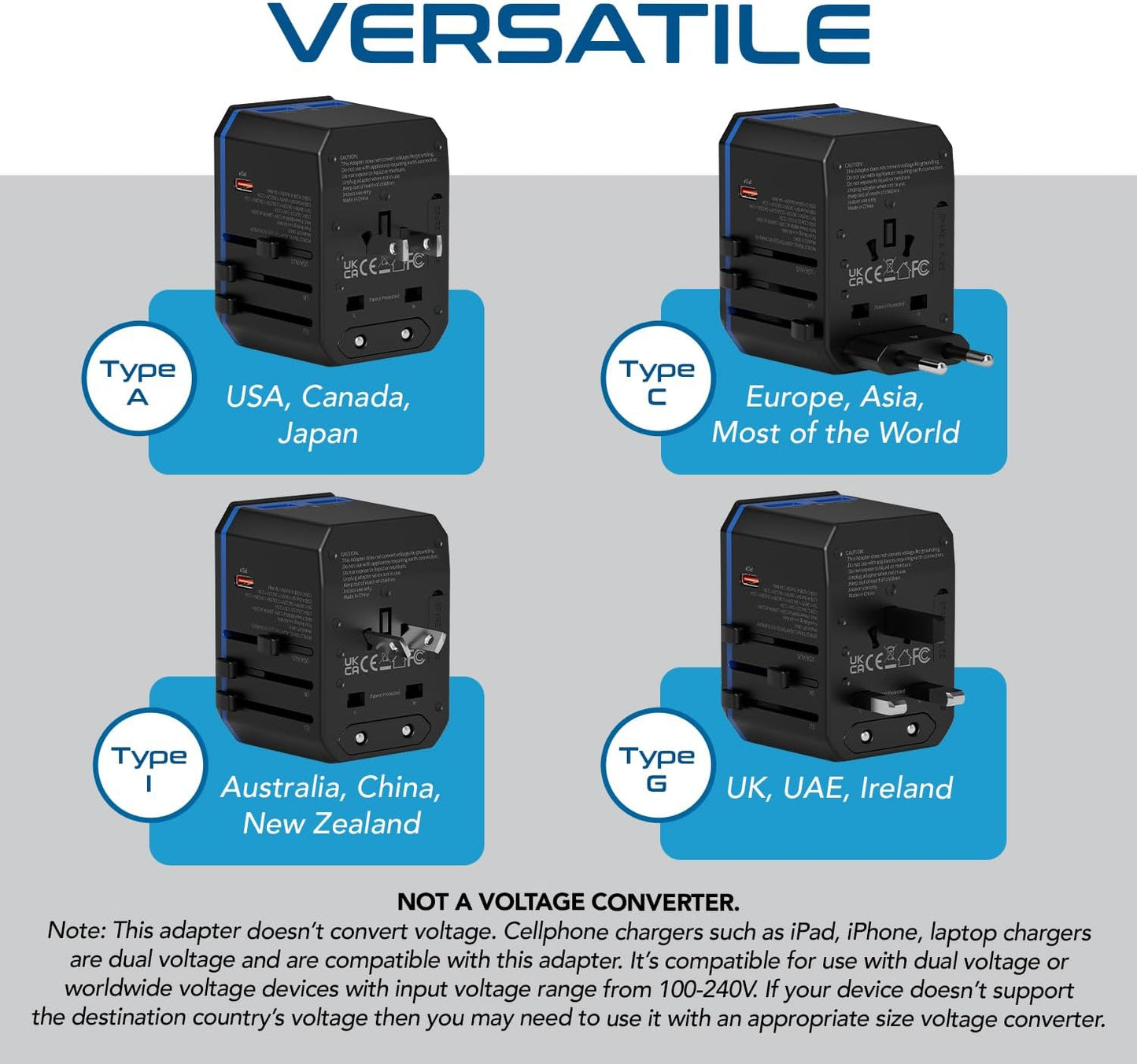 Ceptics International Power Adapter, World Travel adapter w/ PD 30W USB-C - 2 USB-A Ports Universal