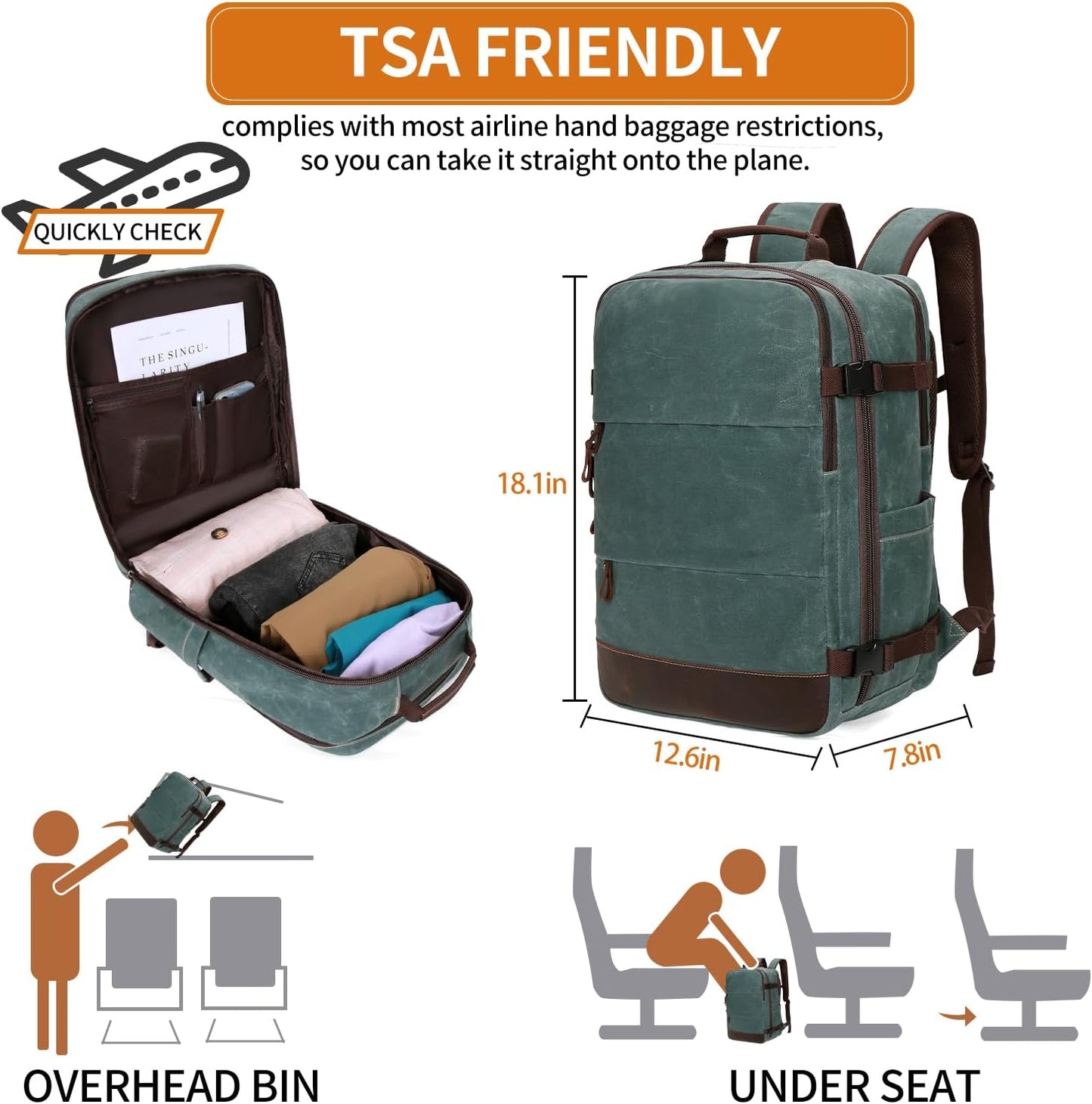 Travel Backpack for Men Carry On Backpack Flight Approved Personal Item Backpack, 18.4 inch Laptop Backpack Casual Daypack Weekender Business Hiking Backpack, Dark Green