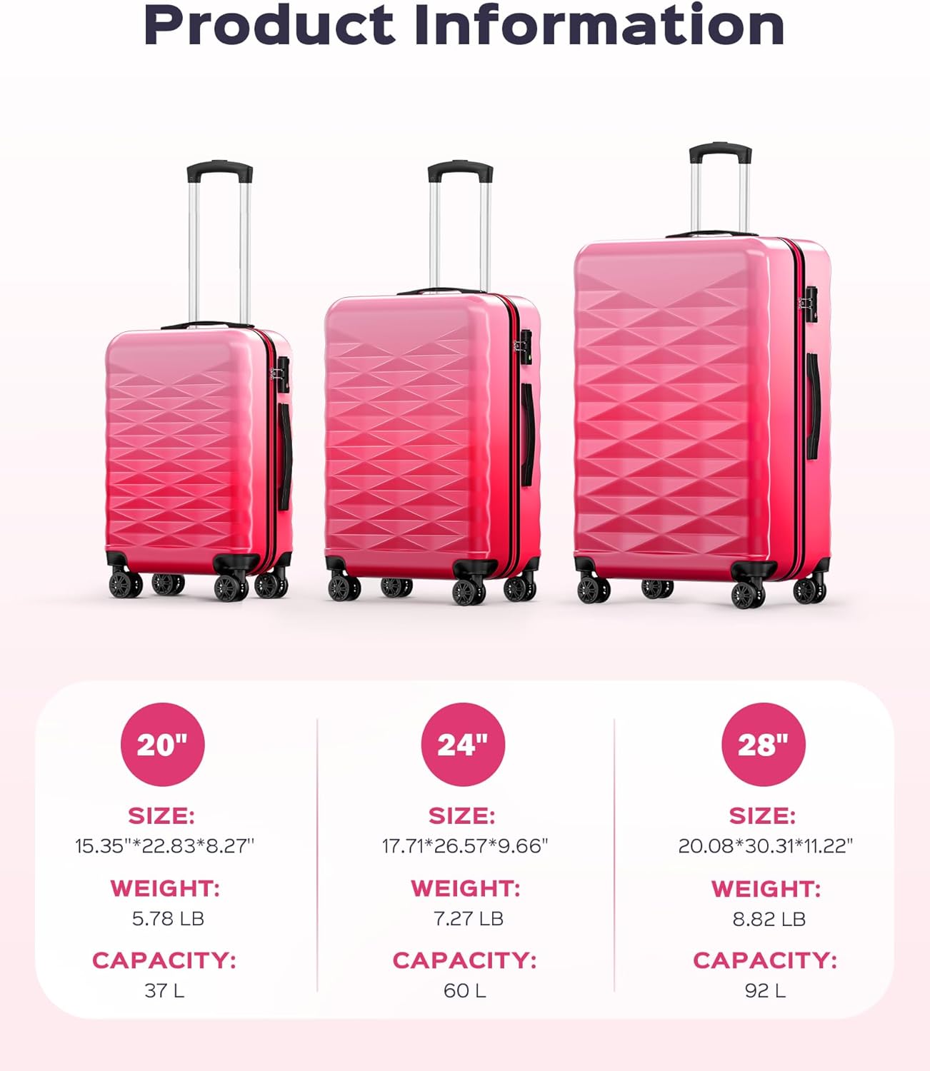 Suitour luggage sets 3 piece,Hardside Lightweight Suitcase Sets with Spinner Wheels & TSA lock,20/24/28 in Large Suitcase