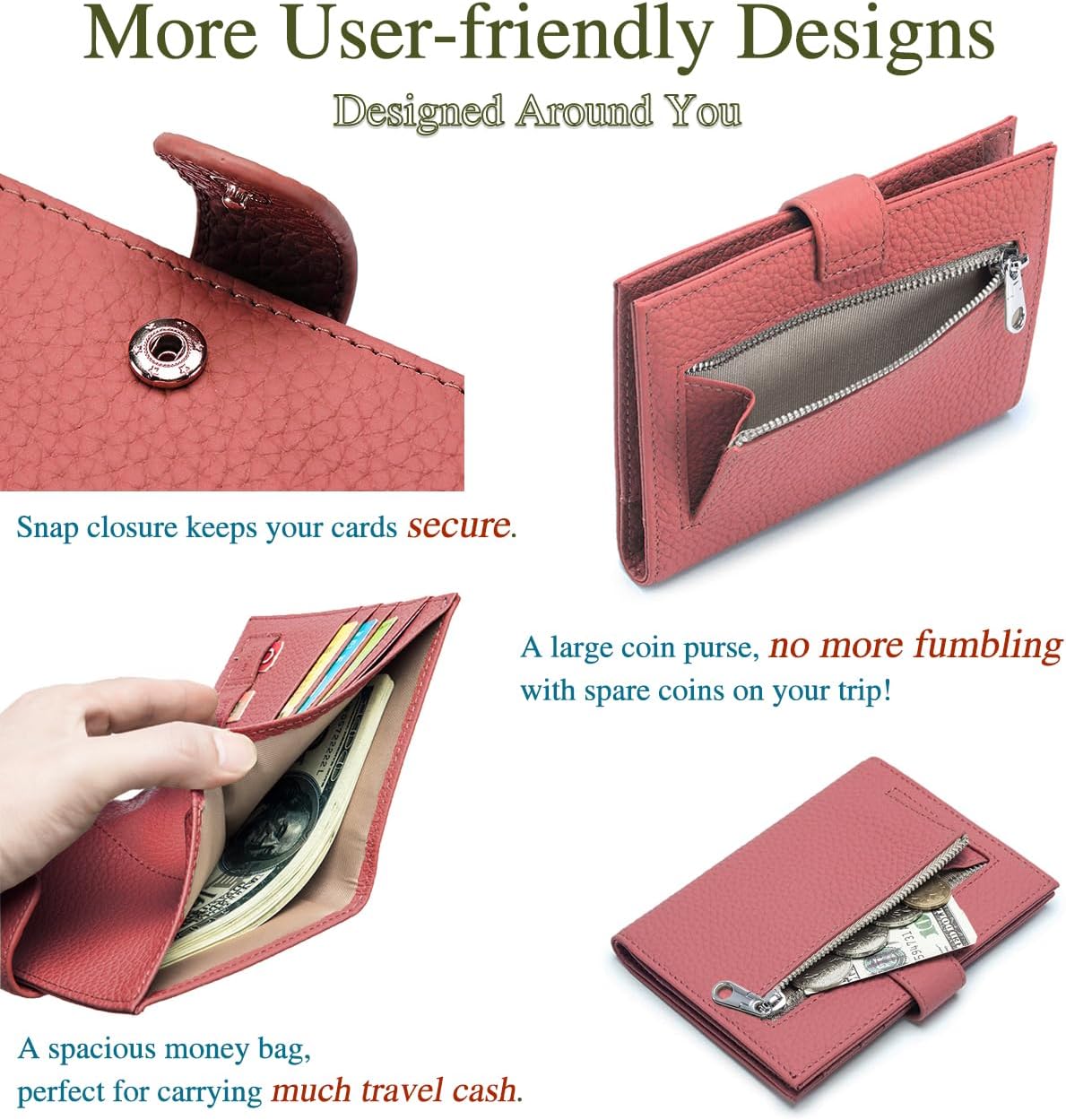 Slim RFID Passport Wallet for Women – Leather Travel Wallet Womens with Passport Slot & Card Slots, Zippered Coin Pocket & Cash Holder Travel Organizer Brick Red
