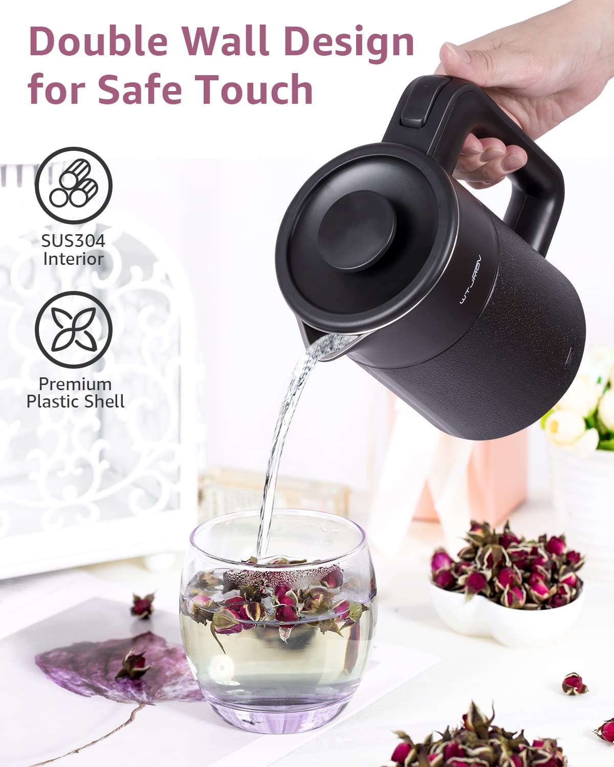 WTJMOV 0.6L Small Electric Tea Kettle Lightweight, 20 Ounce Double Wall Hot Water Boiler Stainless
