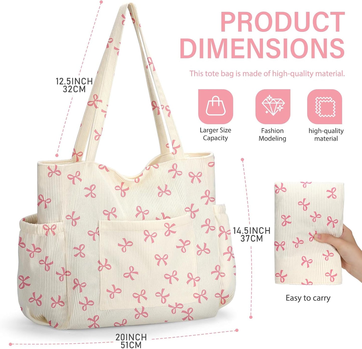 Corduroy Tote Bag for Women,Large Capacity Cute Tote Bags With 6 Pockets,Crossbody Shoulder Handbag