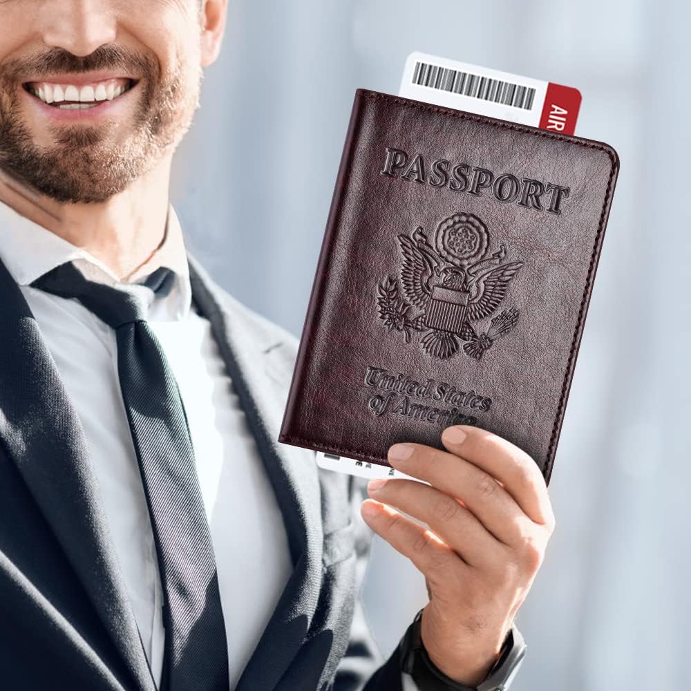 Passport Holder with Vaccine Card Slot Combo, Passport Wallet/ Cover/ Case for Women and Men(BC-Brown)