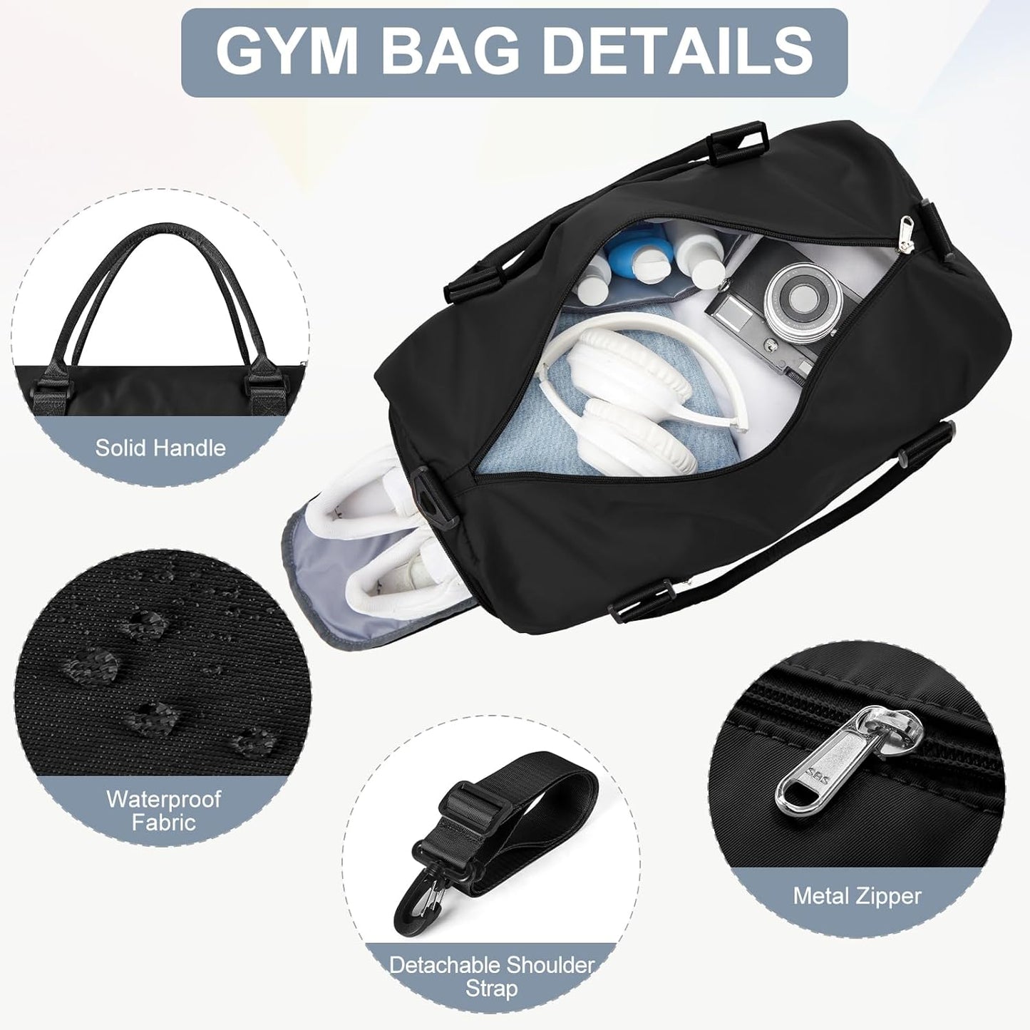 Gym Bag for Women Men with Shoes Compartment Sports Duffle Bag Personal item travel Duffel Bags Small Carry on Weekender Overnight Tote Bags Workout Dance Bags Hospital Holdalls Black