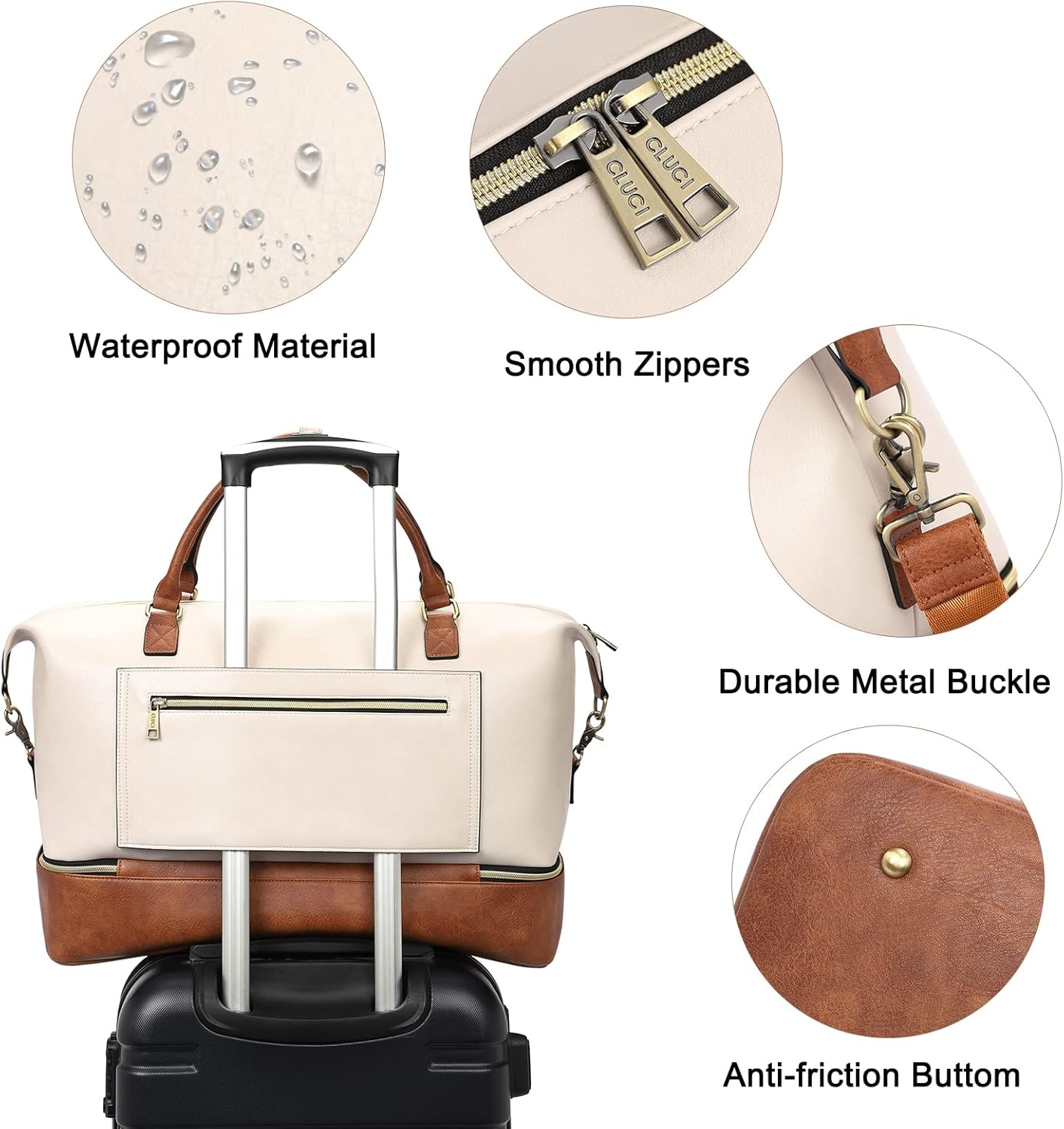CLUCI Weekender Bag for Women Leather Large Overnight Travel Duffel Bag with Shoe Compartment Beige with Brown