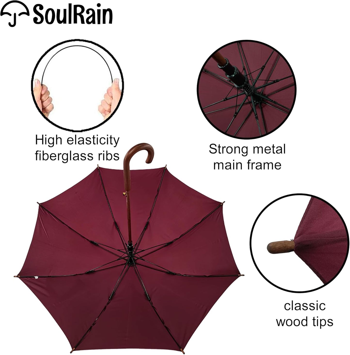 SoulRain 48" Large Umbrella – Windproof Stick Umbrella for Rain, Automatic Open for 2 Persons, Classic Wooden Handle, Durable Travel & Red Umbrella for Men & Women (Wine)