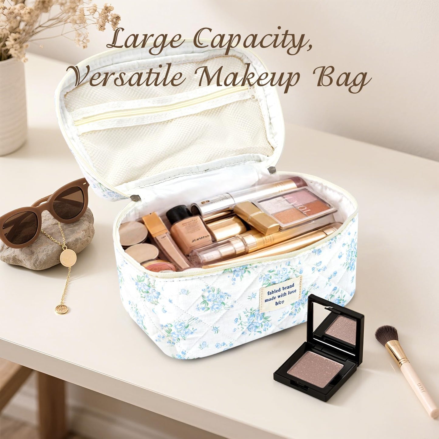 3Pcs Cotton Quilted Makeup Bag for Women Girls, Large Floral Cosmetic Bag Set Cute Makeup Brushes Aesthetic Accessories Storage Bag Blue Rose Flower Travel Toiletry Bag Organizer
