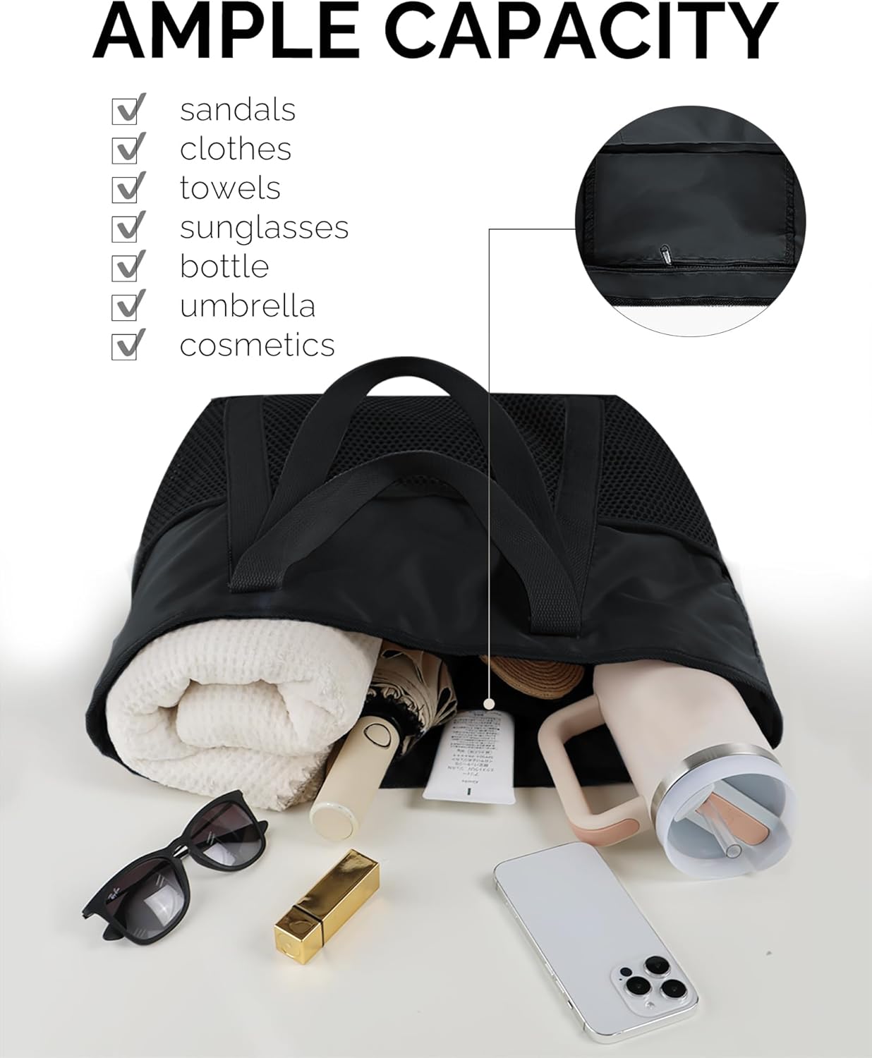 HOMESPON Beach Bag Large Waterproof Sandproof Foldable Tote for Women with Zipper Mesh Pockets for Pool Swim Travel Everyday