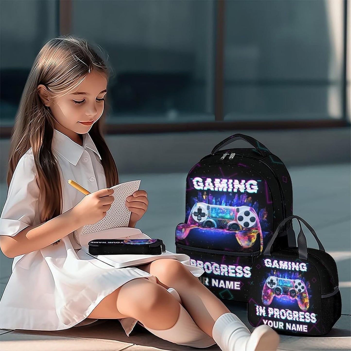COZYAURA Personalized Backpacks for Boys - 3Pcs Video Gaming Bookbag for Kids - Gamer School Bag