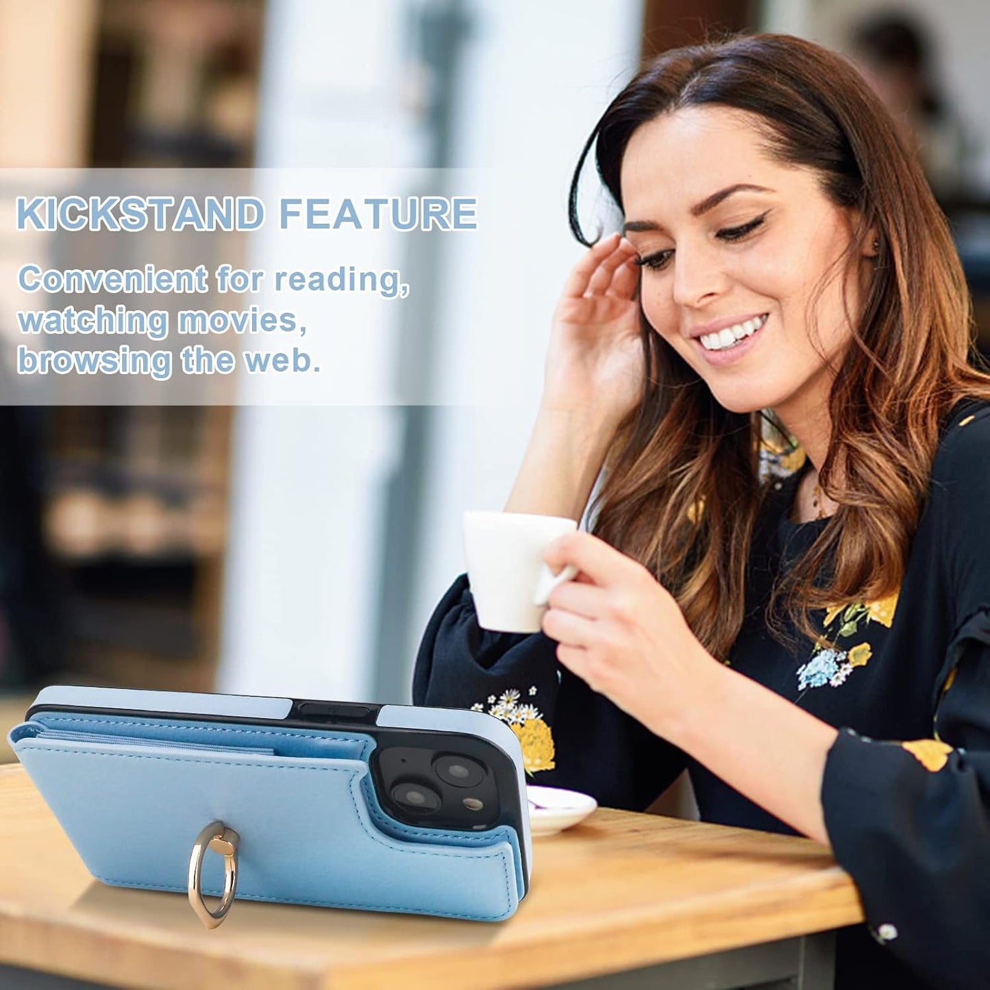 Folosu Compatible with iPhone 14 Plus Case Wallet with Card Holder, 360°Rotation Finger Ring Holder Kickstand, RFID Blocking Leather Protective Double Buttons Shockproof Cover 6.7 Inch Blue