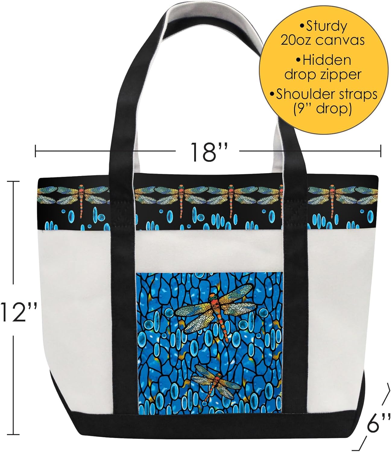 RainCaper Fine Art Large Cotton Canvas Tote Bag Roomy Heavy Duty Sturdy Boat Bag Zippered Top Lots of Pockets Shoulder Straps