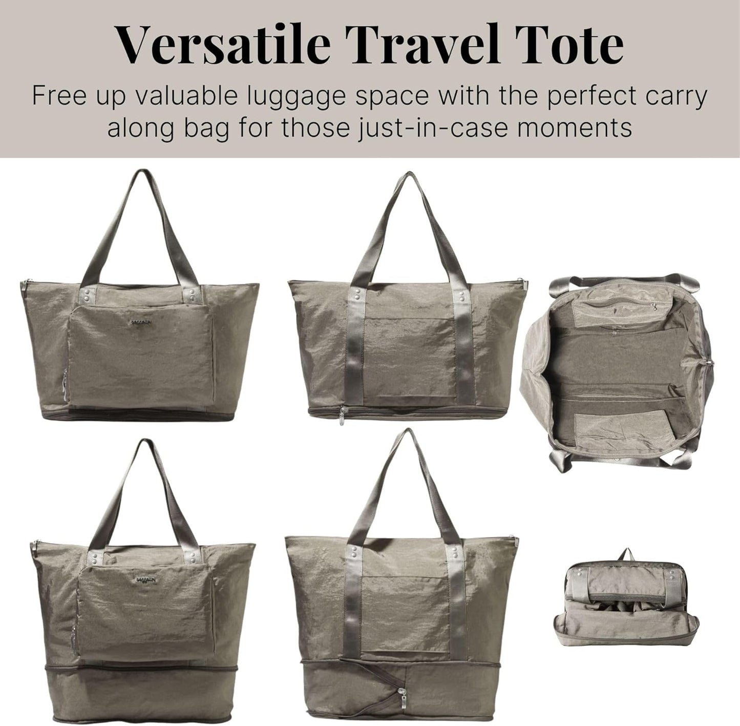 Baggallini Carryall Expandable Lightweight Travel Tote 22" Packable Folding Compact Nylon Washable Weekender w/Luggage Sleeve