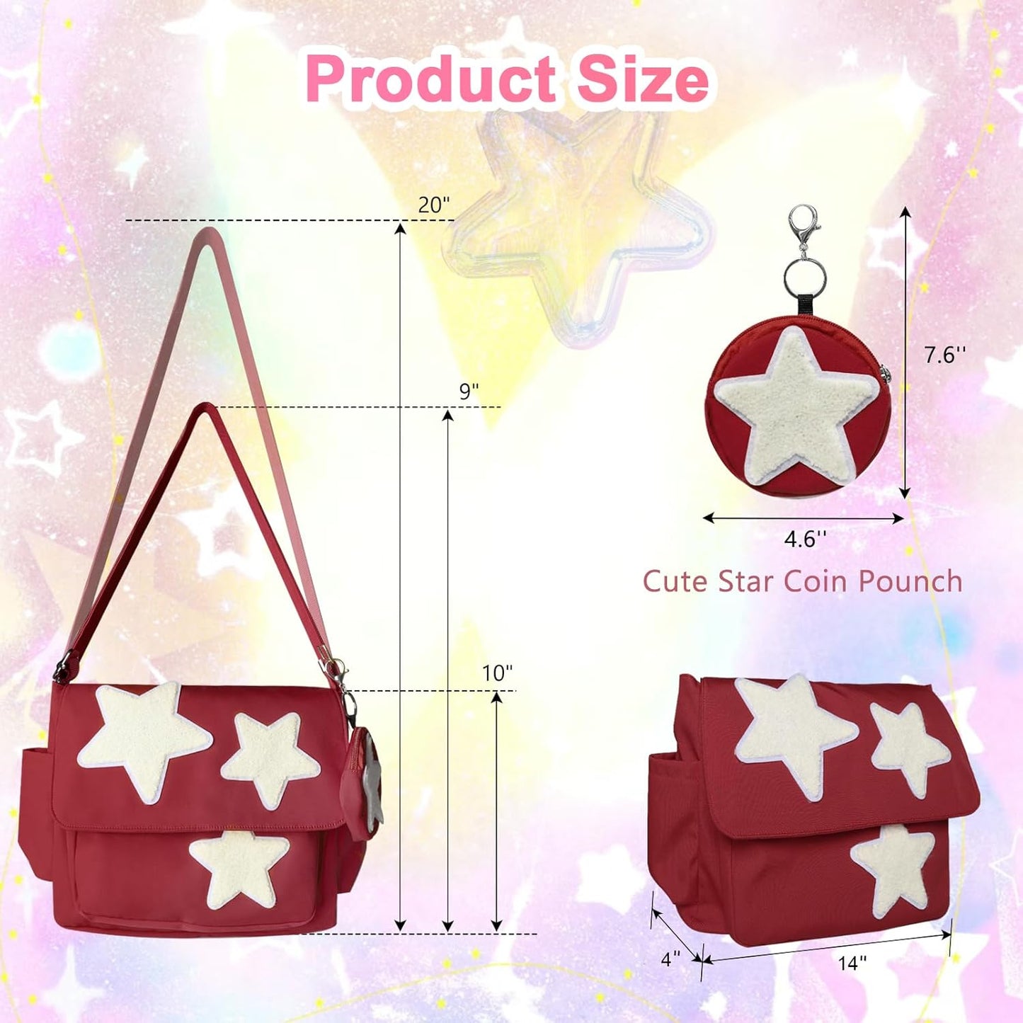 Y2K Messenger Bag for Women, Lightweight Spacious Stars Tote Purse with Cute Coin Purse, Crossbody