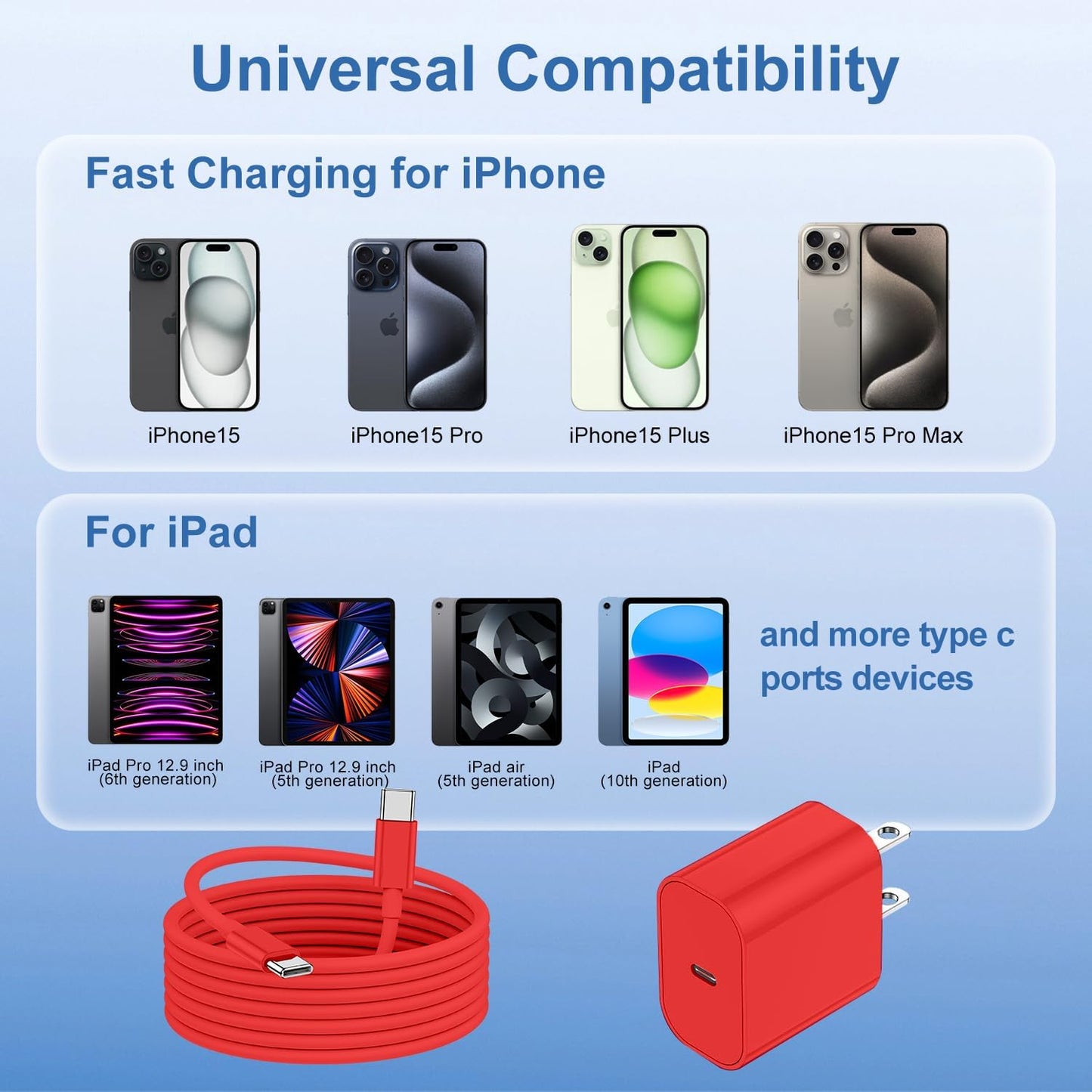 iPhone 16 15 Fast Charger and 10ft Type C to C Cable Cord Long,20W USB C Charging Block for Apple iPhone 16 Pro/16 Plus/15 Pro Max/15/iPad Wall Plug Power Adapter Cube Brick 12.9/11/Air 4th/6 Gen/Mini
