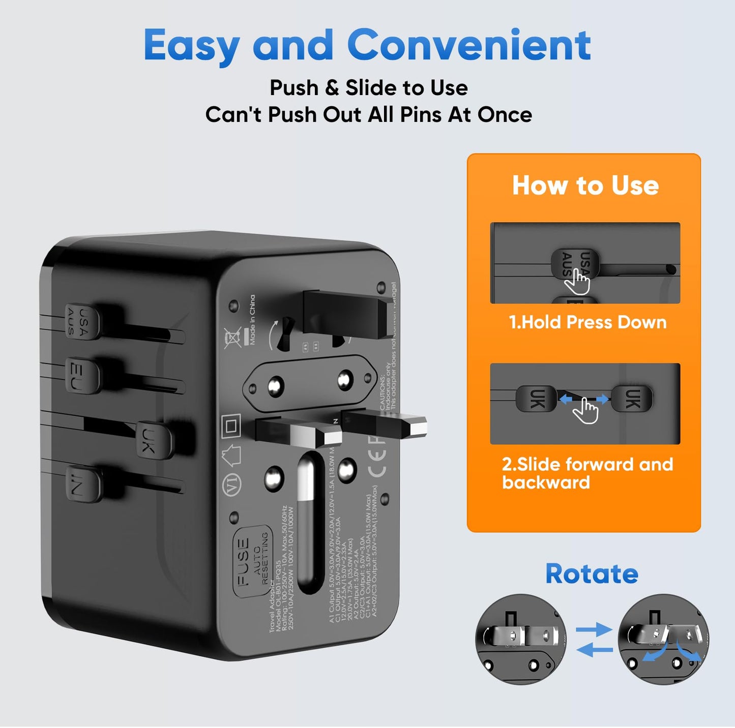 Universal Travel Adapter, International Power Adapter GaN, Type C/G/D/I/A