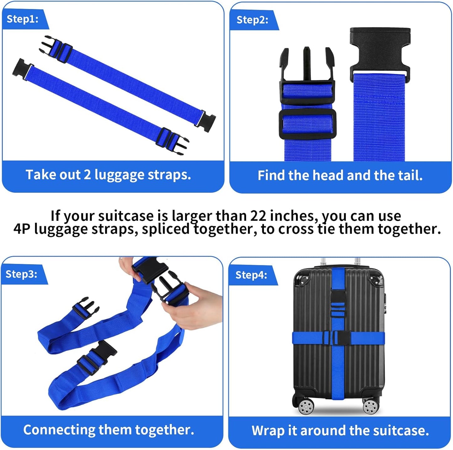 Vivinin 4 Pack Luggage Straps, Nylon Luggage Belt with Buckle Closure, Adjustable 3-5.5ft, Blue