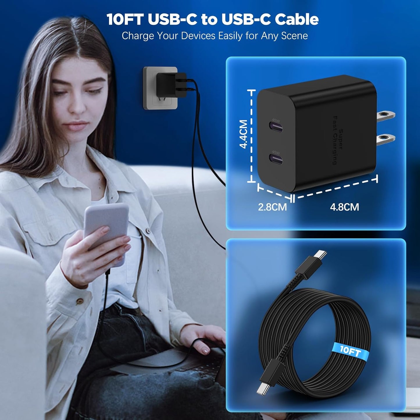 Dual Port 45W Super Fast Charger and Long USB C to C Cable 10ft,Type C Block Plug and Android Phone Charging Cord for Samsung Galaxy S25/S24 Ultra/S23+/S22 Plus/S21/S20/Note 20/iPhone 17 16 15 Pro Max