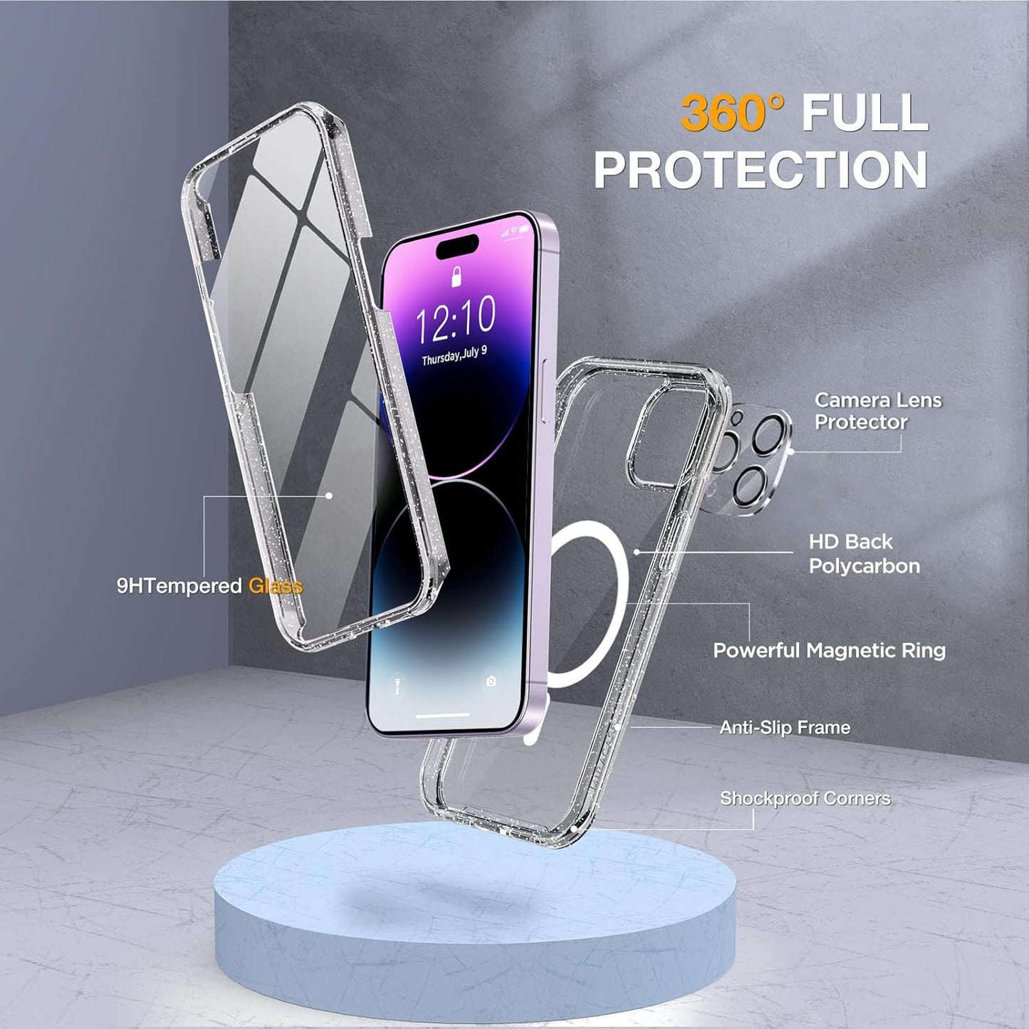 Miracase Magnetic for iPhone 14 Pro Case 6.1 inch, (Compatible with MagSafe) Upgrade Full-Body Clear Phone Bumper Case with Built-in 9H Tempered Glass Screen Protector, Magnetic Glitter Clear