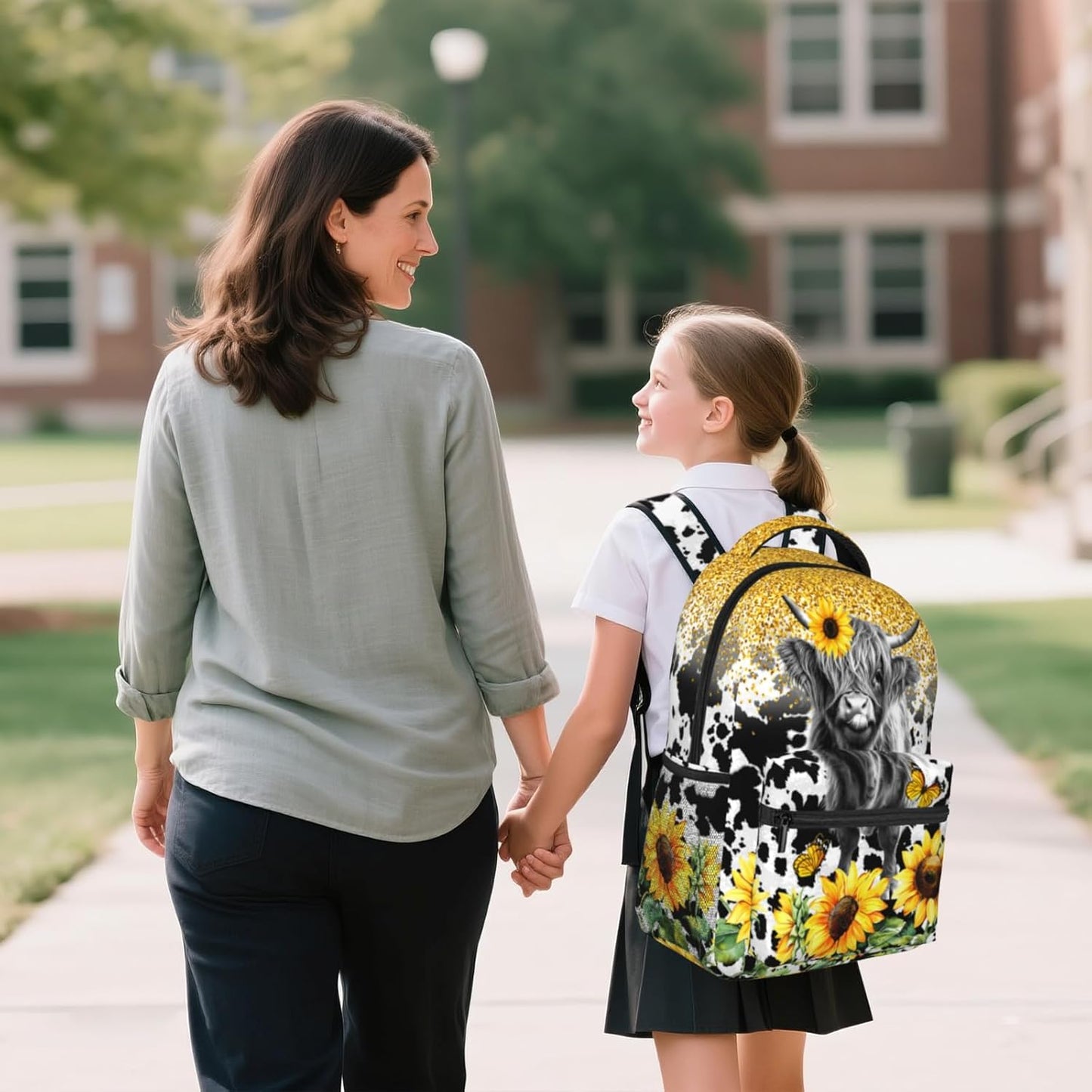 Highland Cow Backpack for Girls Boys Sunflower Cow Print School Backpack for Kids Children Teens