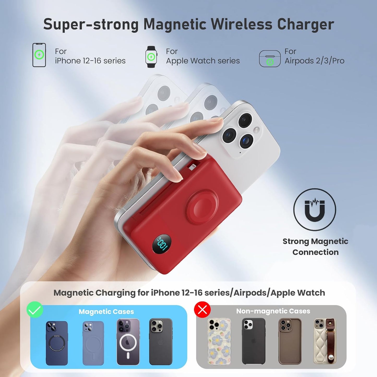 Magnetic Portable Charger for iPhone with Built-in Cables, 6-in-1 10800mAh Power Bank with iWatch Charger & LCD Display,25W Fast Charging Battery Pack for iPhone 17/16/15/14/13/12,Apple Watch (Red)