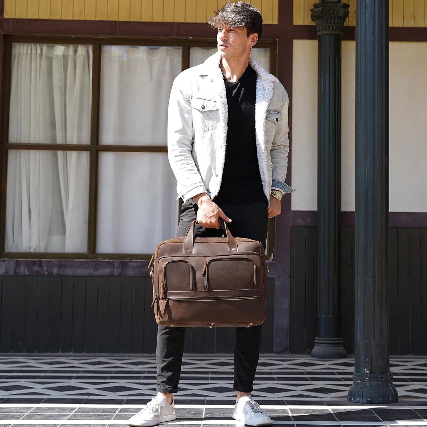 TIDING 18 Inch Full Grain Leather Briefcase for Men Business Travel Messenger Shoulder Bag Fits 17.3" Laptop