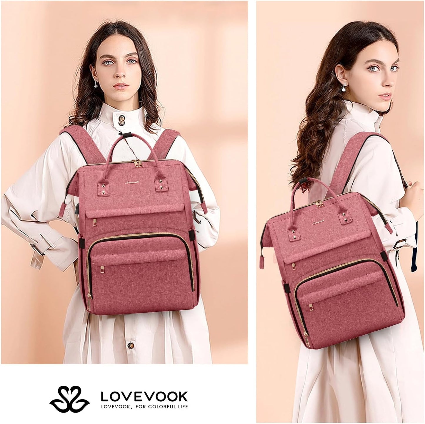LOVEVOOK Laptop Backpack for Women,15.6 Inch Professional Womens Travel Backpack Purse Computer Laptop Bag Nurse Teacher Backpack,Waterproof College Work Bag Carry on Back Pack with USB Port,Light-red