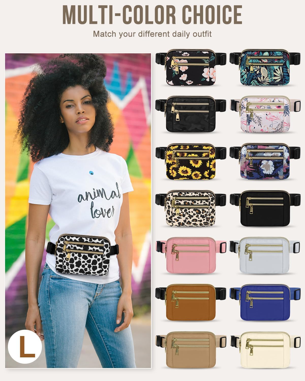 Capolo Fanny Packs for Women Fashion Waist Packs Bag with Adjustable Strap and 4 Zipper Pockets Waterproof Everywhere Crossbody Belt Bag for Workout Running Travelling(Cow Print, Large)