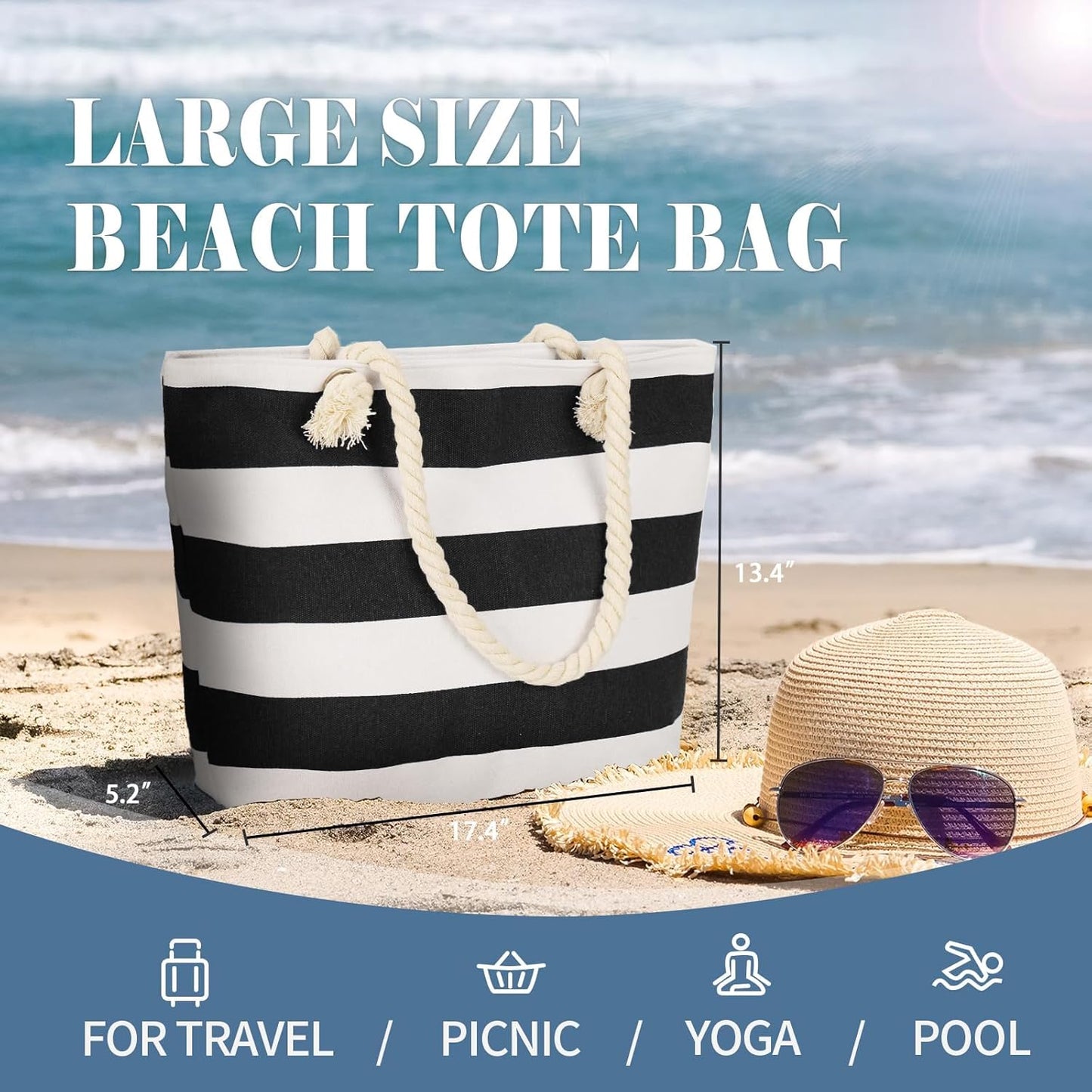 LAVTUG Beach Bags for Women, Large Canvas Beach Tote Bag Waterproof Sandproof Beach Bags Swim Pool Bag Travel Essentials
