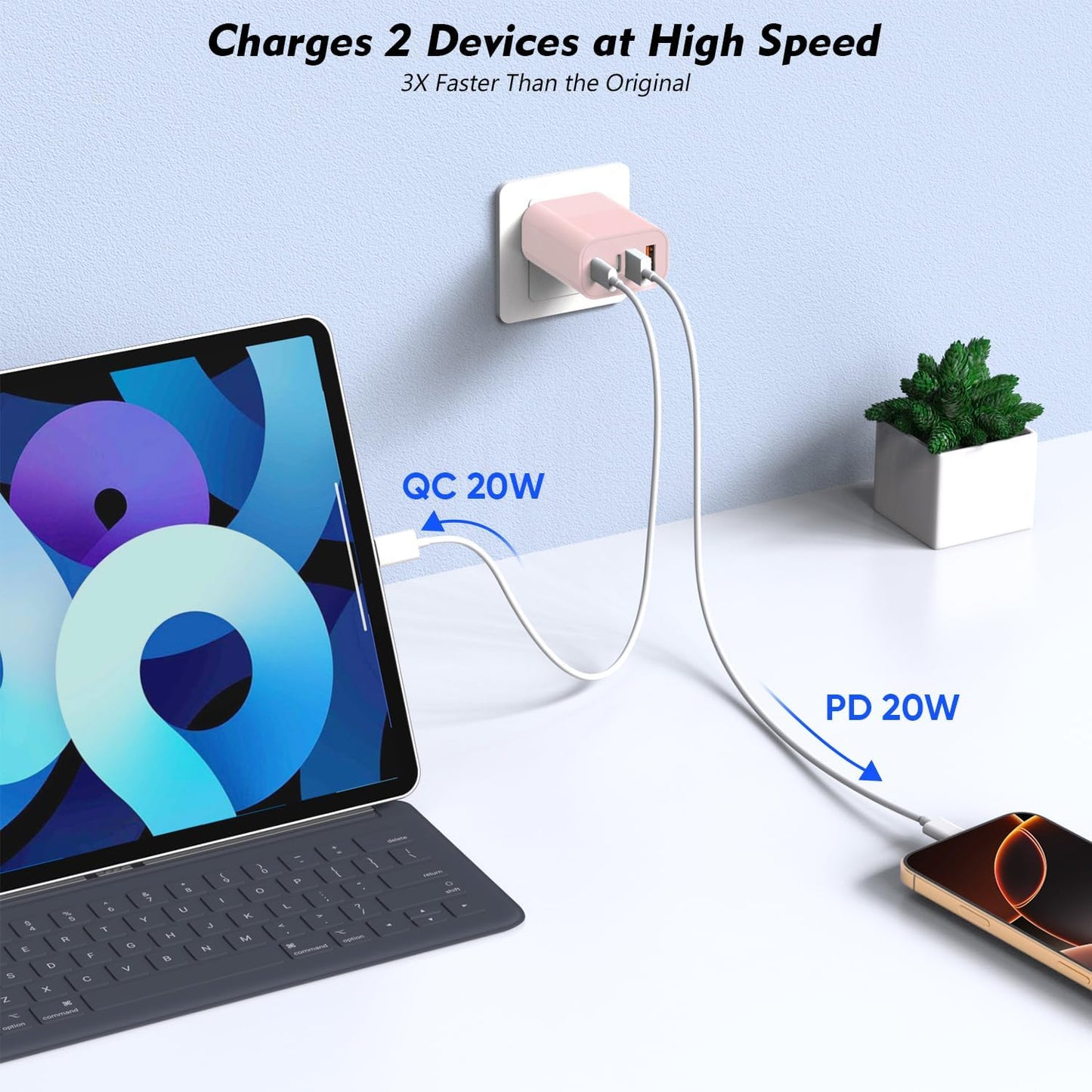 3Pack 4-Port USB C Fast Charging Block,40W iPhone 16 Charger Adapter for PD Power Adapter & QC Wall Plug,Multiport USB C Charging Block Apple Cube for iPhone 17/17 Pro/Air/16/15 Pro Max/14/13/12(Pink)