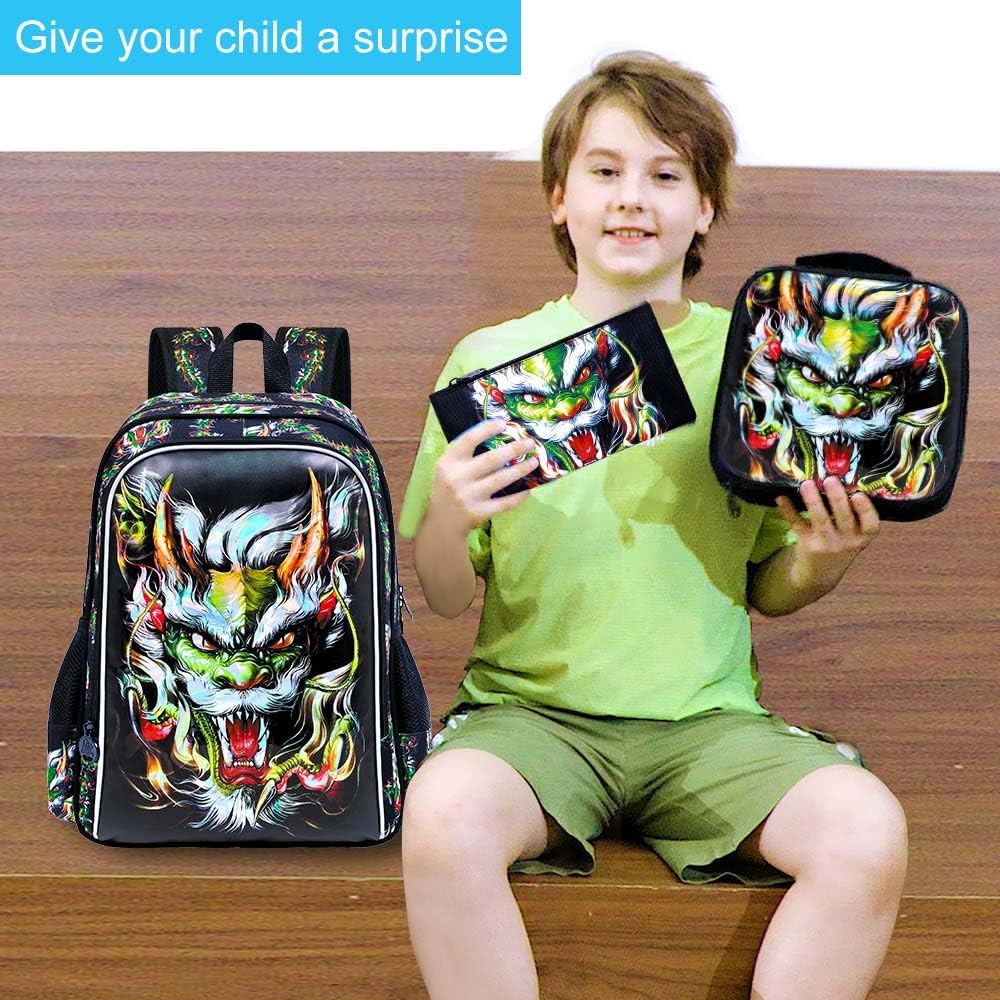 UFNDC 3PCS Kids Dragon Backpack, Boys School Bag with Lunch Box, 17" Water Resistant Bookbag for Teenagers Elementary Middle