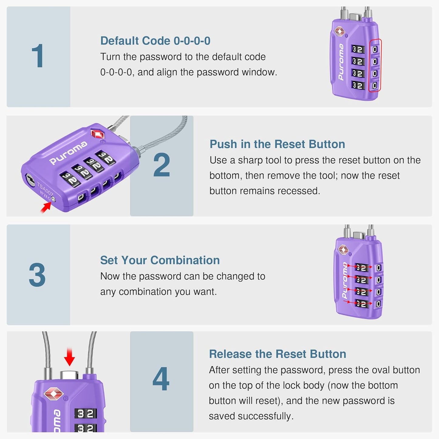Puroma 2 Pack TSA Approved Luggage Locks, 4 Digit Combination Travel Locks Resettable Code Lock with Zinc Alloy Body for Suitcase, Toolbox, Backpack, Bag, Gym Locker (Medium Purple)