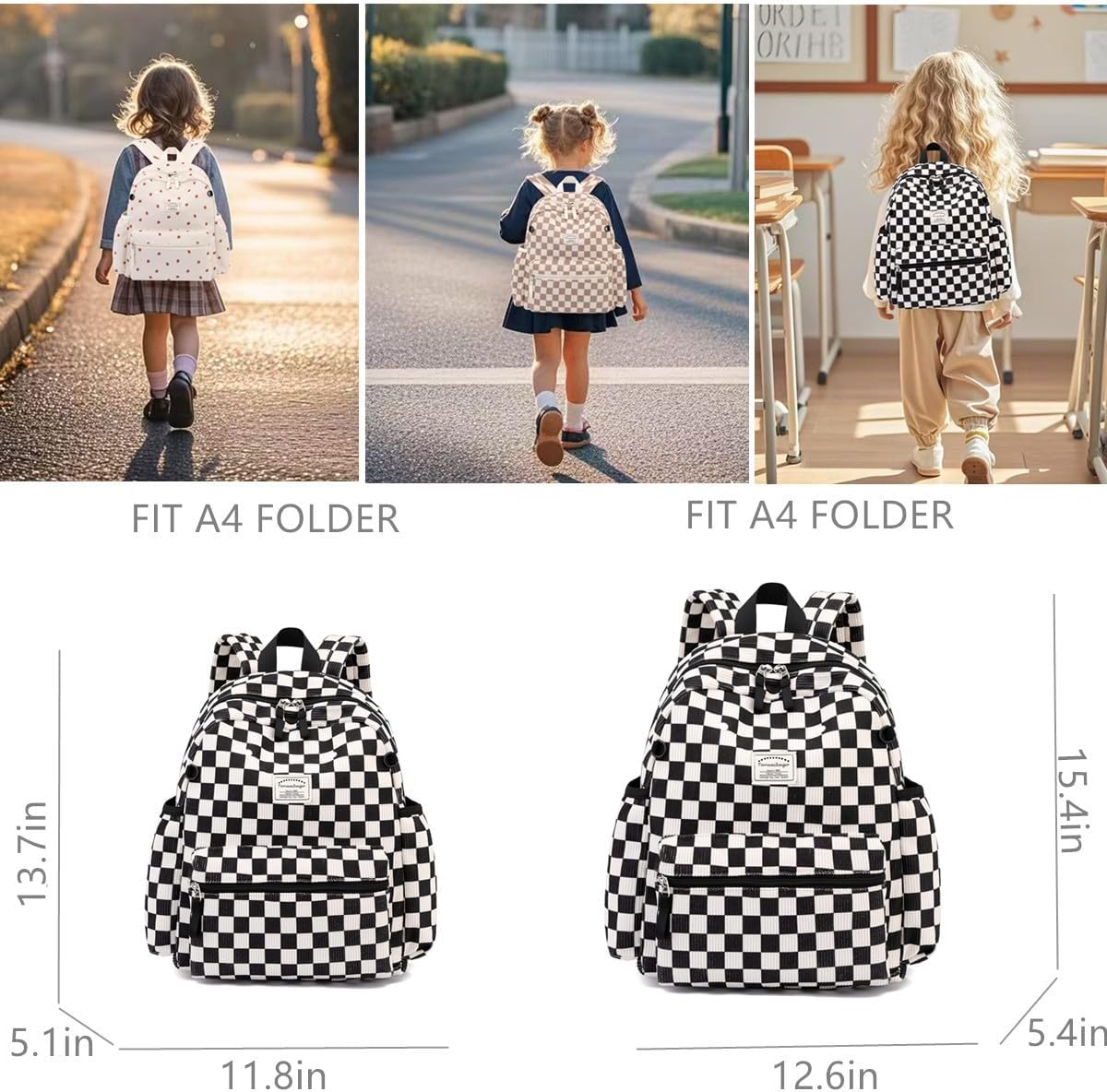 Corduroy Kids Backpack for Boys Girls Backpacks for Primary Elementary Kindergarten 6-10 (Checkered Black, Medium (15" H Fit A4 Folder))