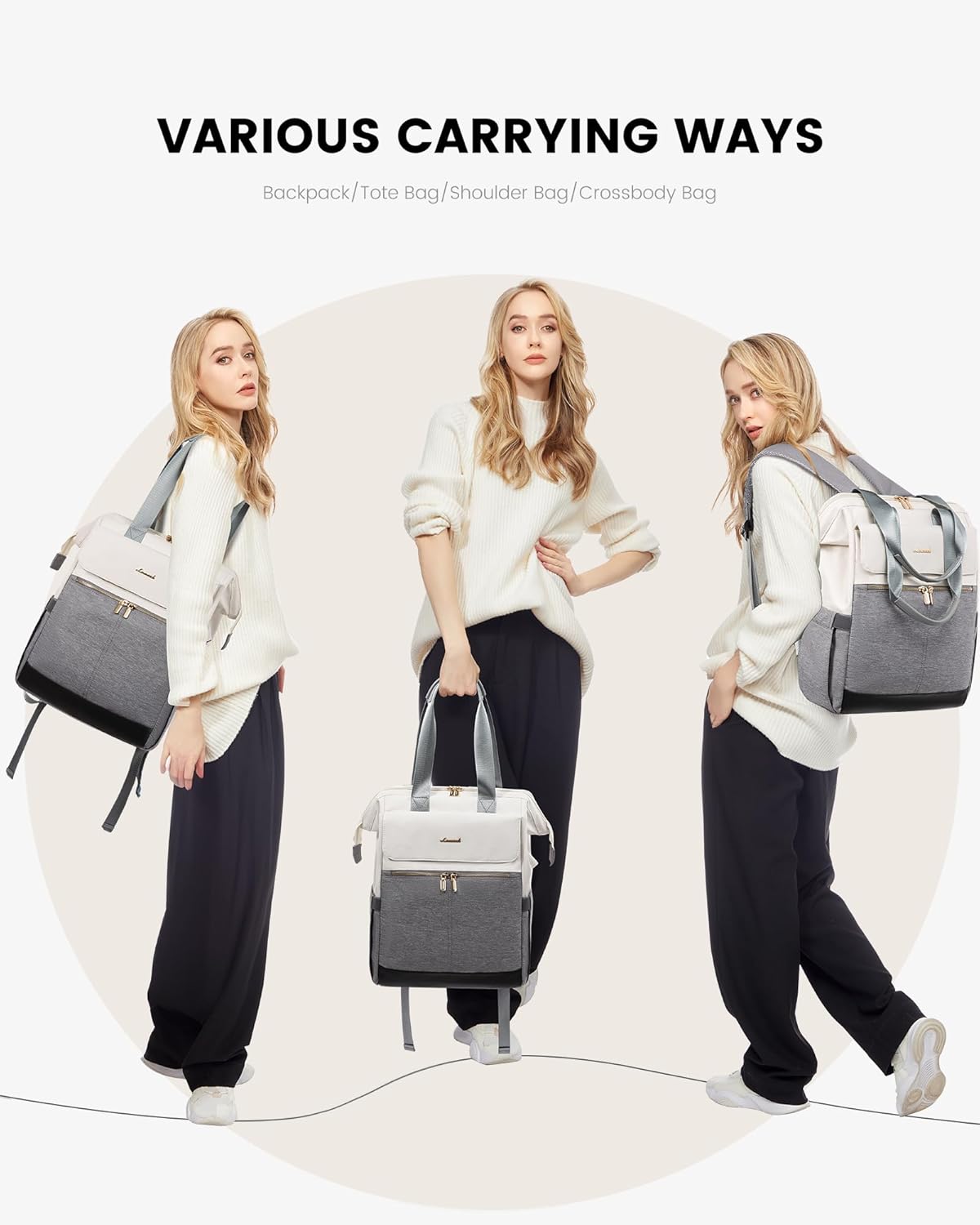 LOVEVOOK Laptop Backpack for Women, 15.6 Inch Work Laptop Bag with USB Port, Fashion Teacher Nurse Backpack Purse, Waterproof Travel Computer Backpack with Organizer Bag, 2PCS, Beige-Grey