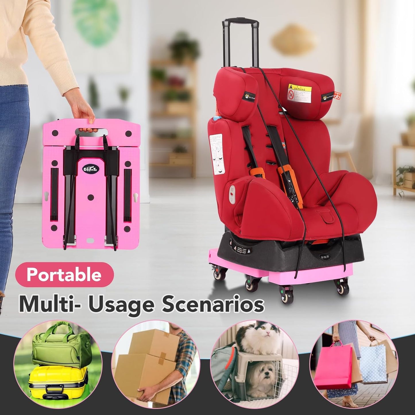 Folding Hand Truck Lightweight Hand Truck Dolly Foldable,Luggage cart with 6 Rotate Wheels, Utility Cart with Adjustable Handle,Collapsible Dolly for Moving-Pink