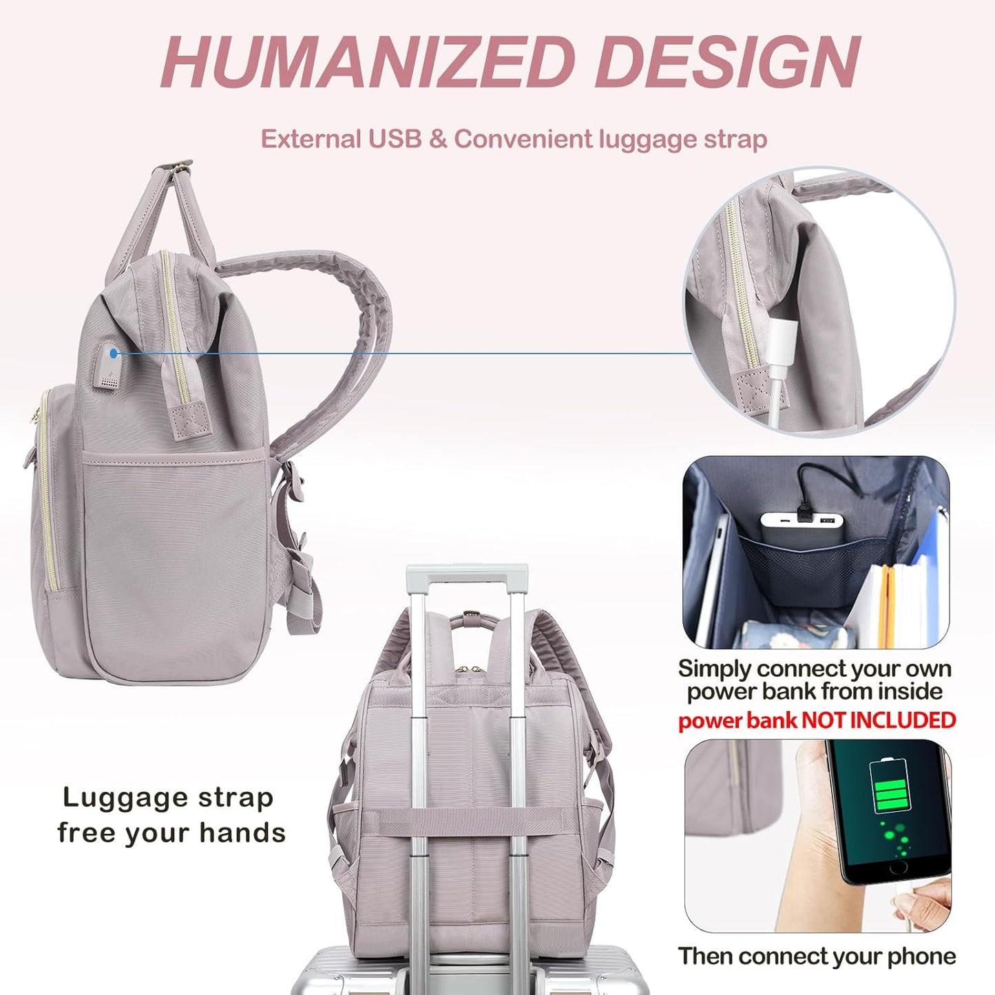 KROSER Laptop Backpack 17" Stylish Backpack Water Repellent College Casual Daypack with USB Port Travel Business Work Bag for Men/Women-Quilted Dusty Pink
